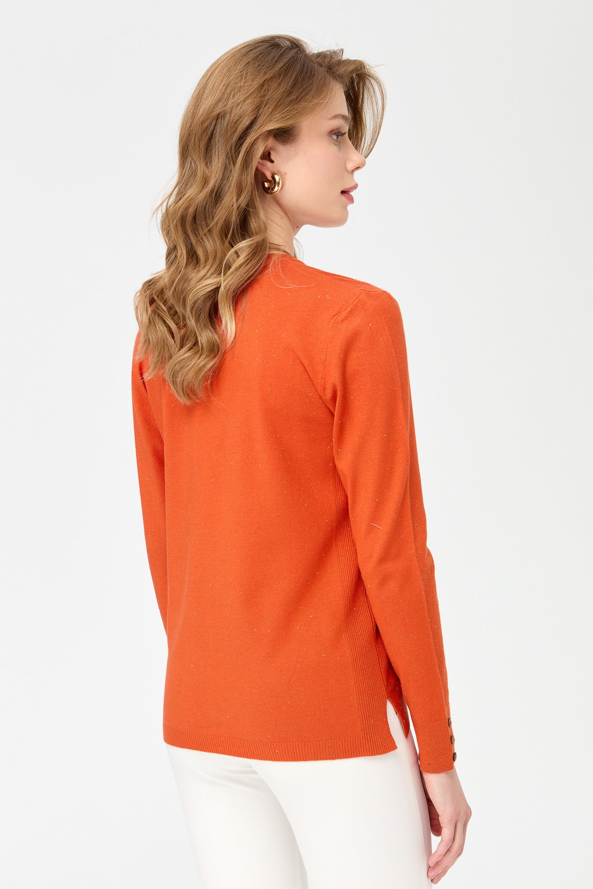 23393Kadın V Yaka Kolları Düğmeli Simli Bluz Portakal