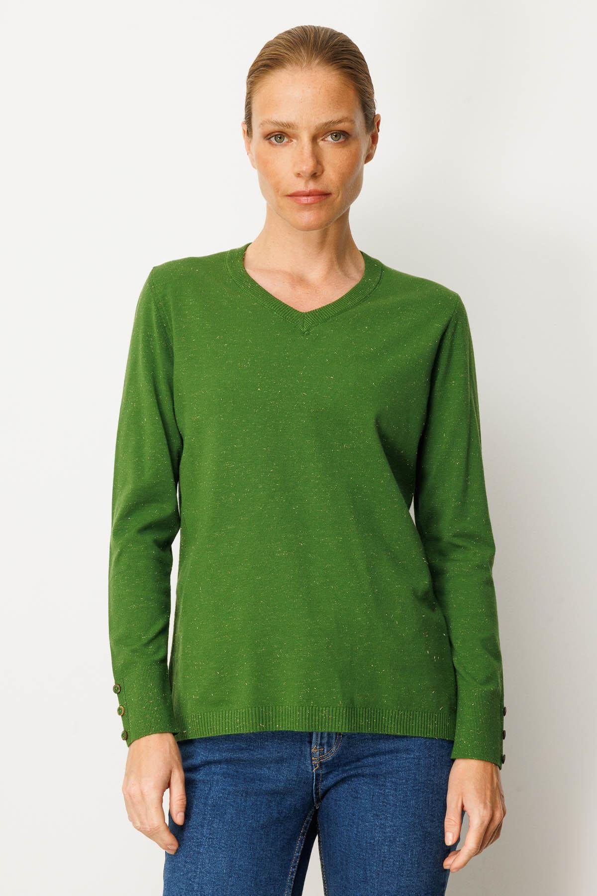 23393Kadın V Yaka Kolları Düğmeli Simli Bluz K.Yosun