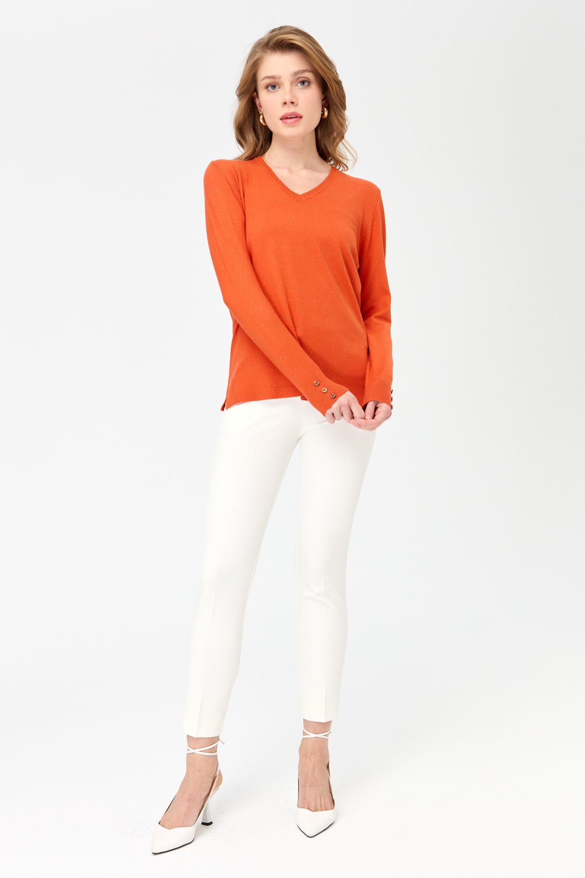 23393Kadın V Yaka Kolları Düğmeli Simli Bluz Portakal