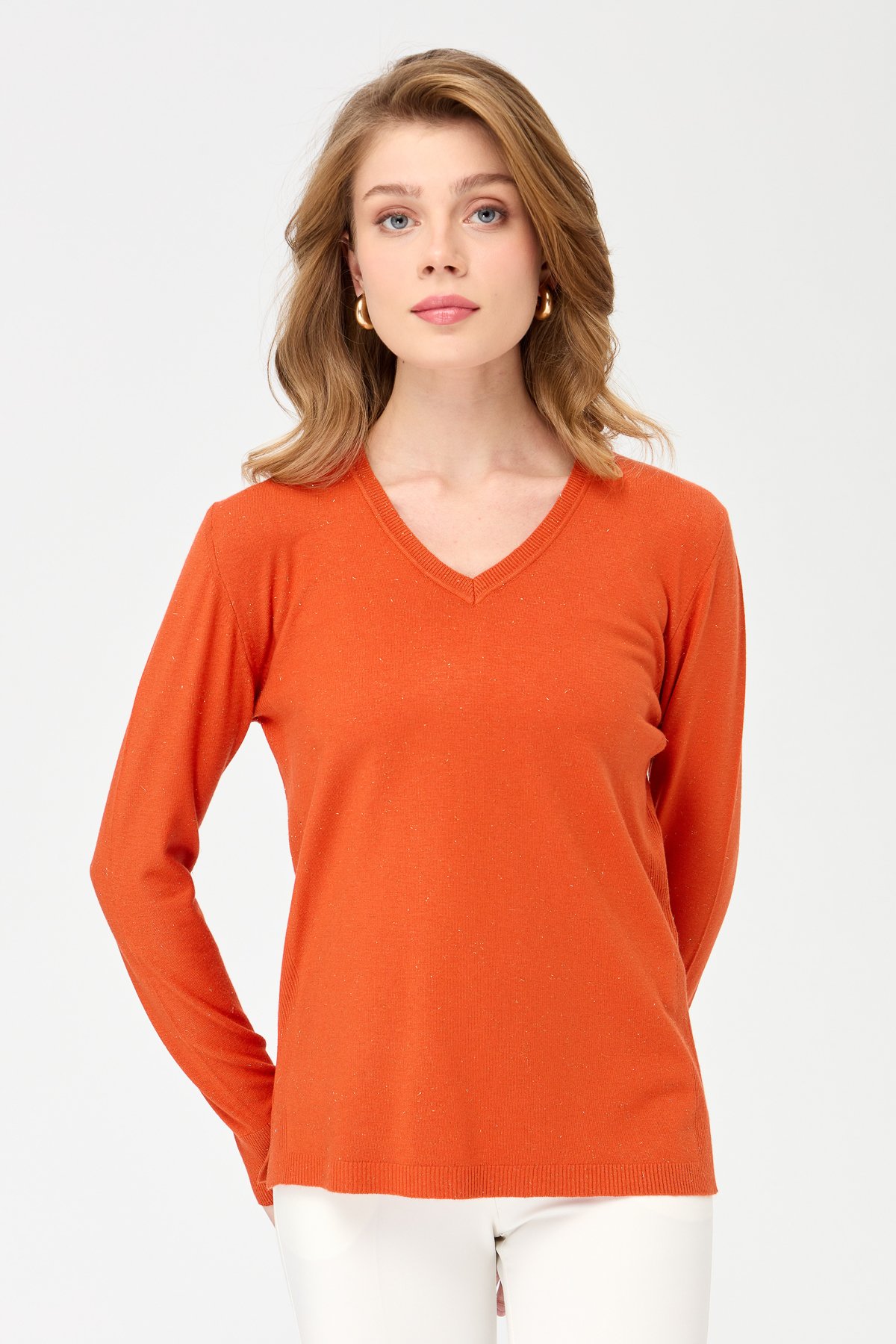 23393Kadın V Yaka Kolları Düğmeli Simli Bluz Portakal