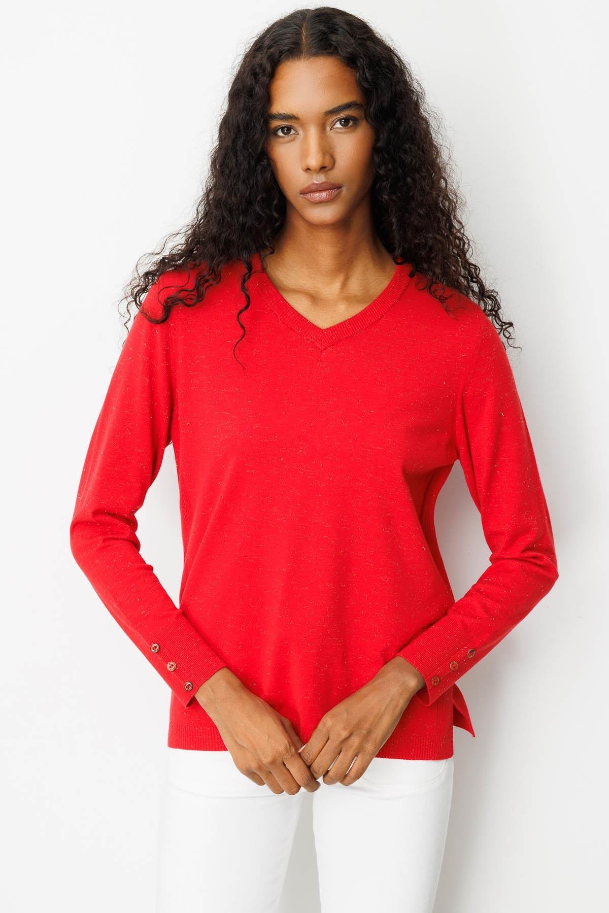 23393Kadın V Yaka Kolları Düğmeli Simli Bluz A.Kırmızı