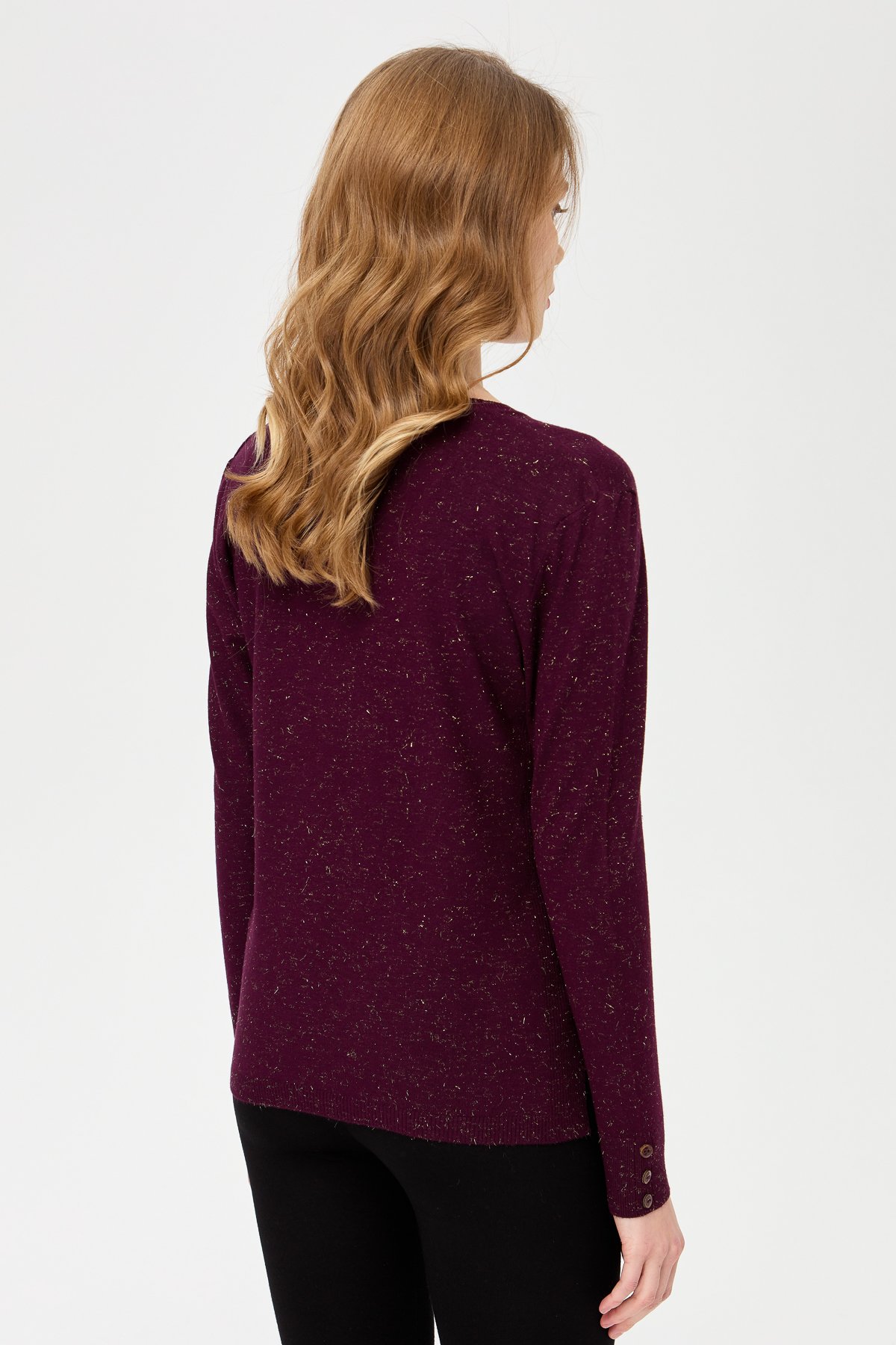 23393Kadın V Yaka Kolları Düğmeli Simli Bluz K.Mürdüm