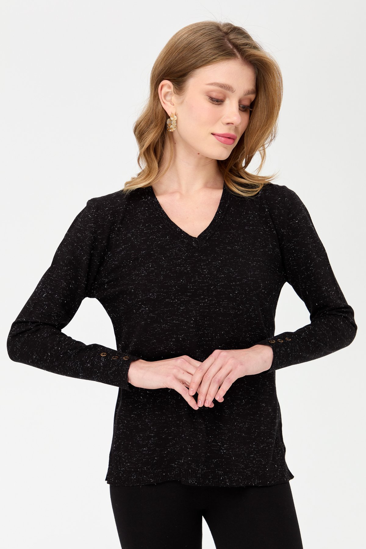 23393Kadın V Yaka Kolları Düğmeli Simli Bluz Siyah