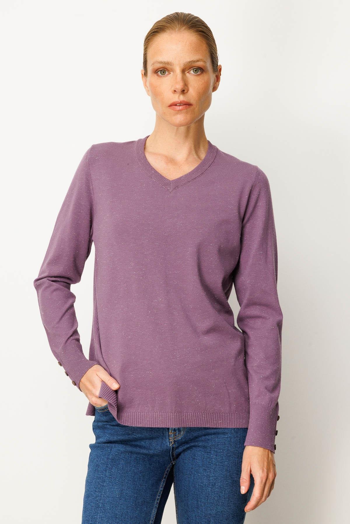 23393Kadın V Yaka Kolları Düğmeli Simli Bluz Mor