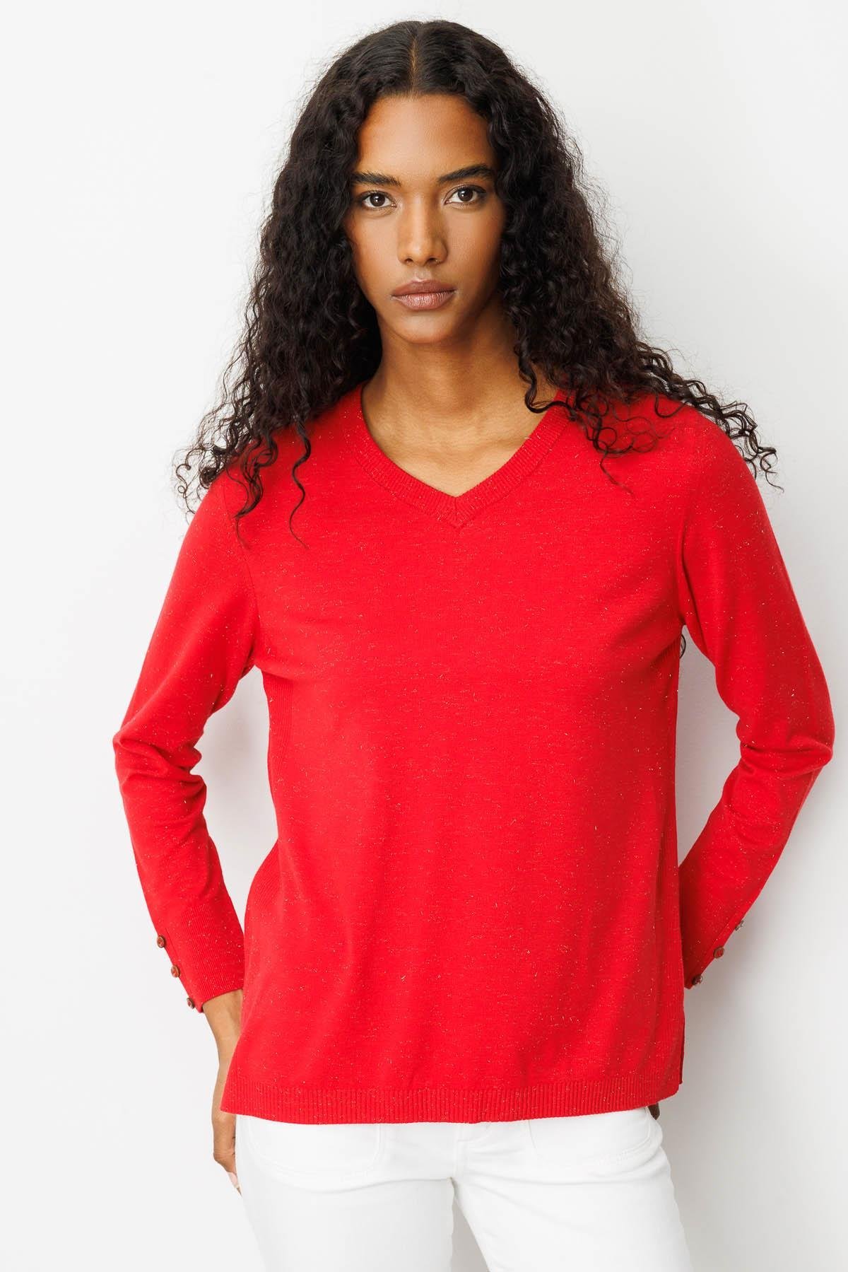 23393Kadın V Yaka Kolları Düğmeli Simli Bluz A.Kırmızı