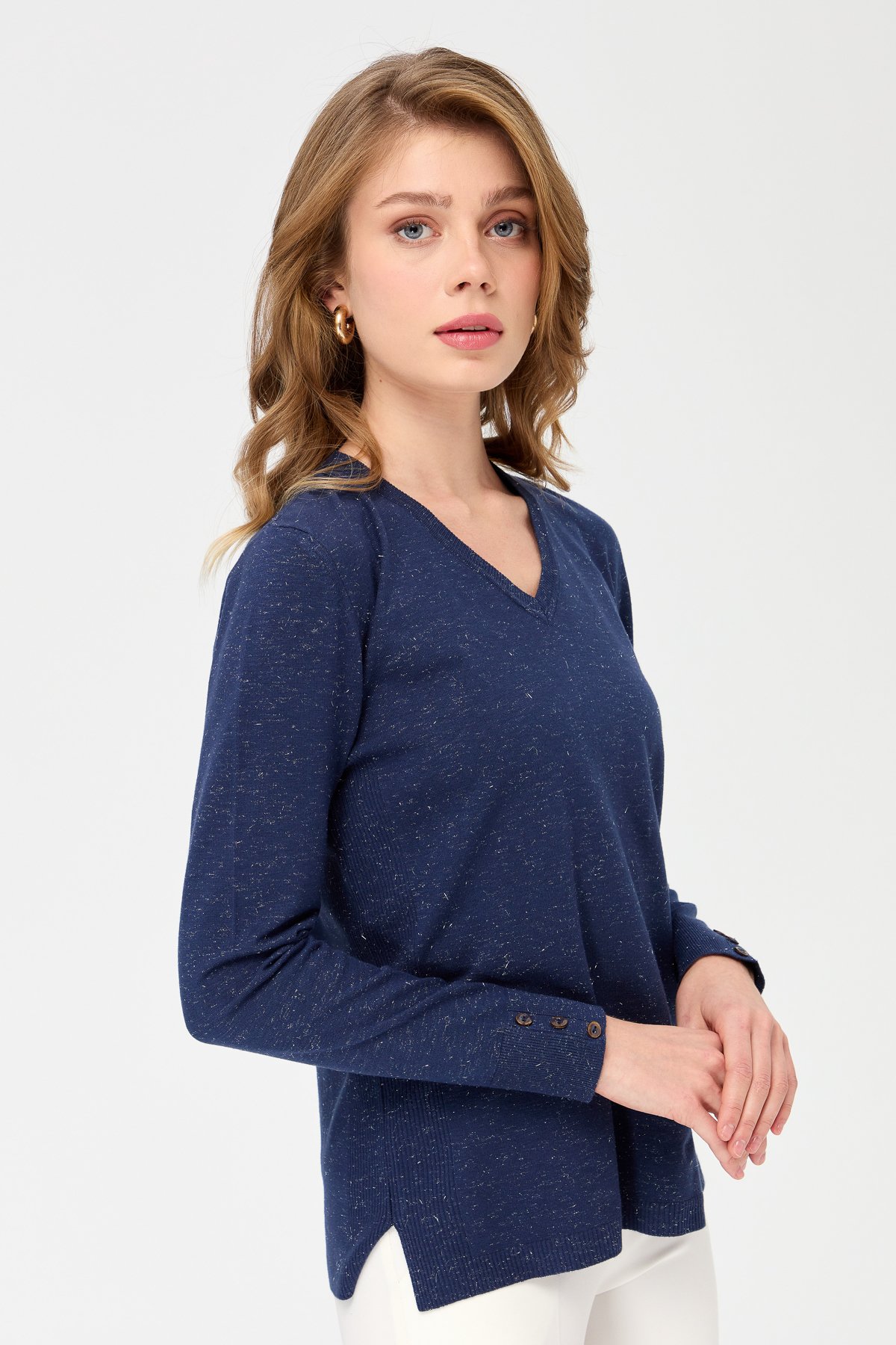 23393Kadın V Yaka Kolları Düğmeli Simli Bluz Lacivert