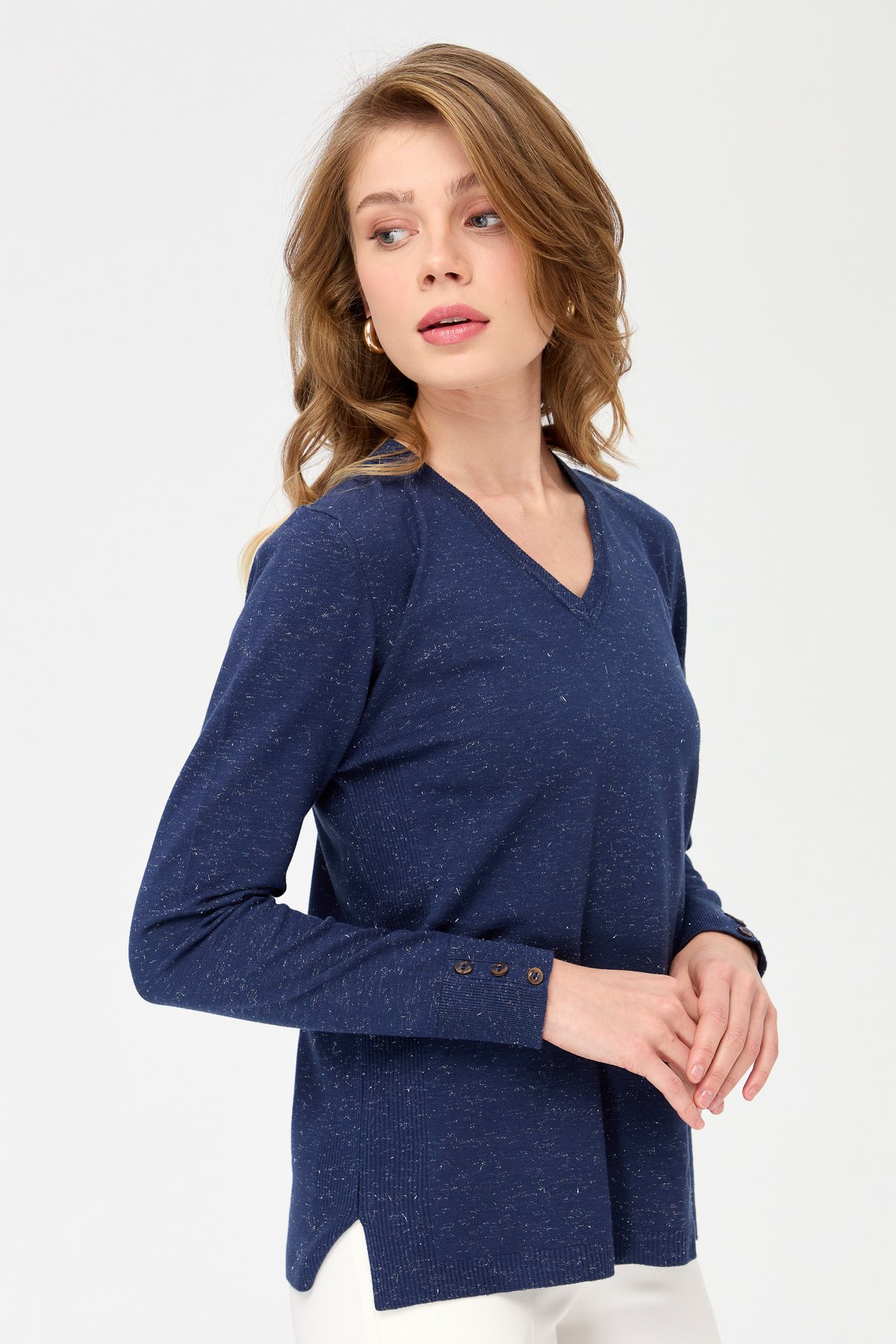 23393Kadın V Yaka Kolları Düğmeli Simli Bluz Lacivert