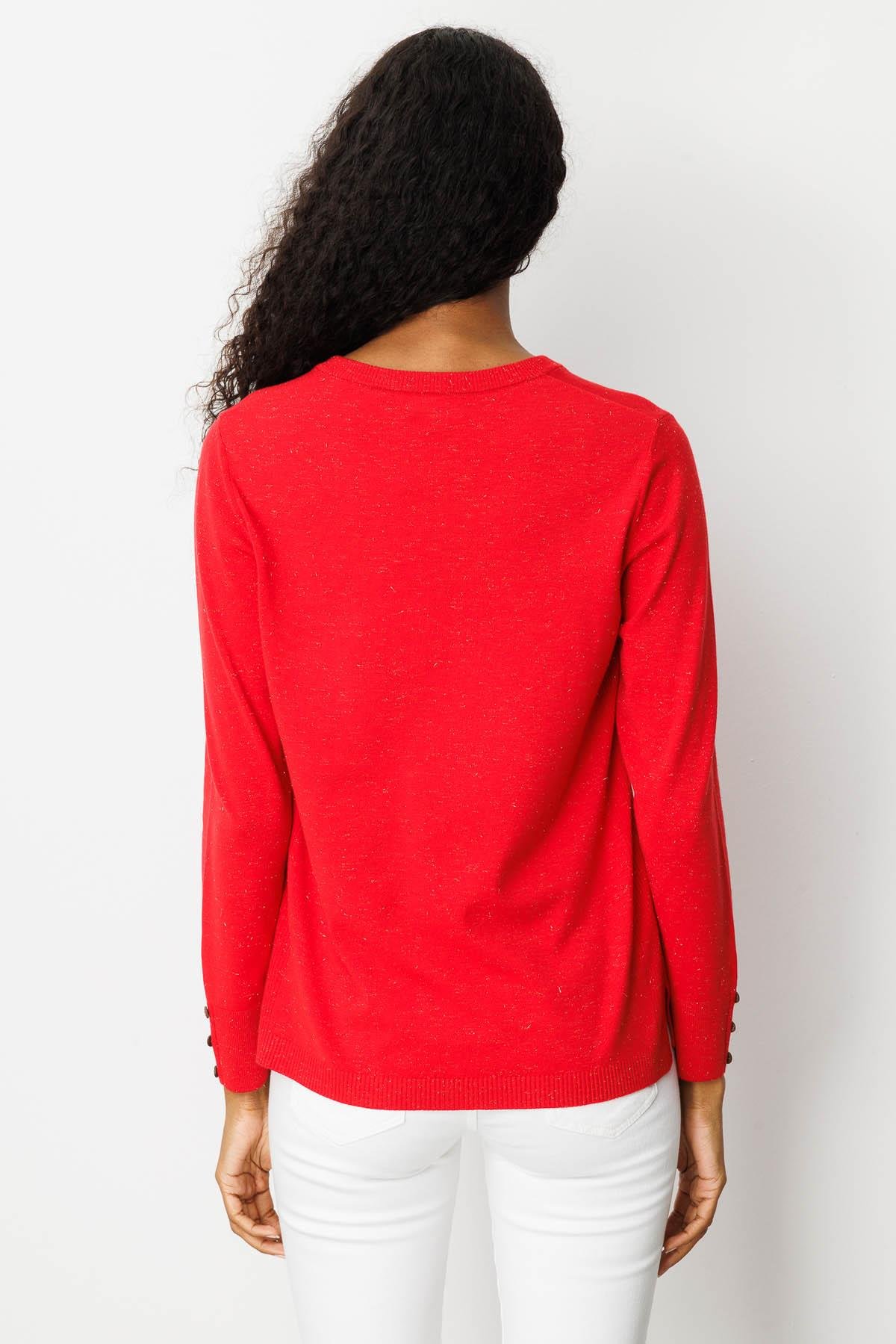 23393Kadın V Yaka Kolları Düğmeli Simli Bluz A.Kırmızı