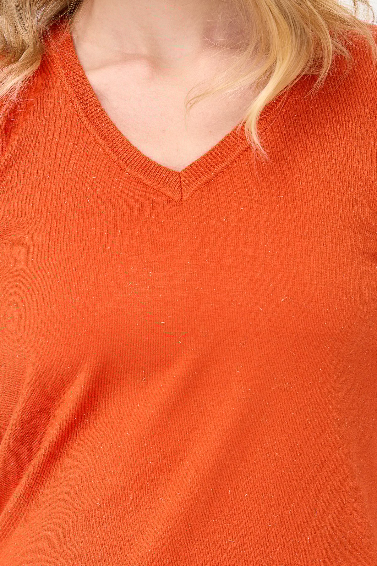 23393Kadın V Yaka Kolları Düğmeli Simli Bluz Portakal
