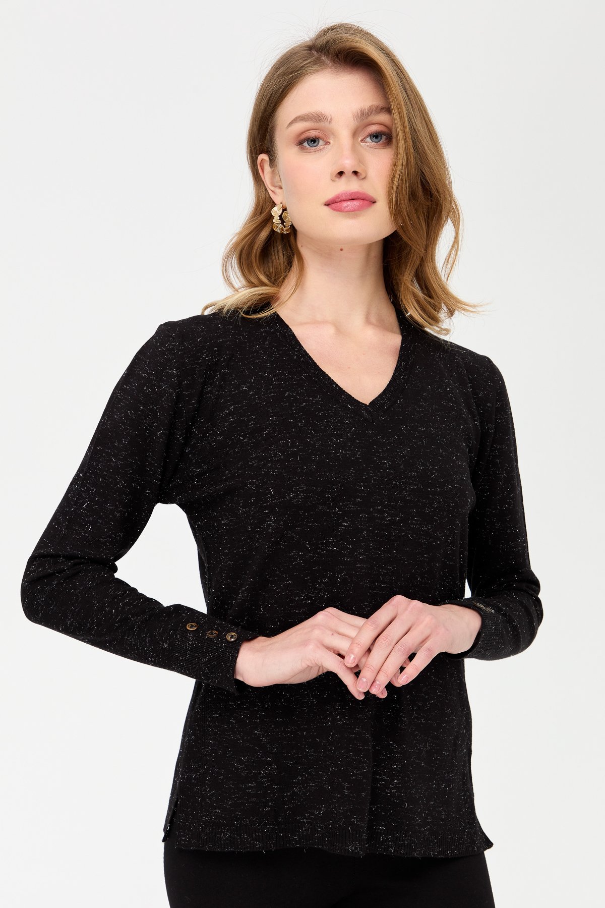 23393Kadın V Yaka Kolları Düğmeli Simli Bluz Siyah