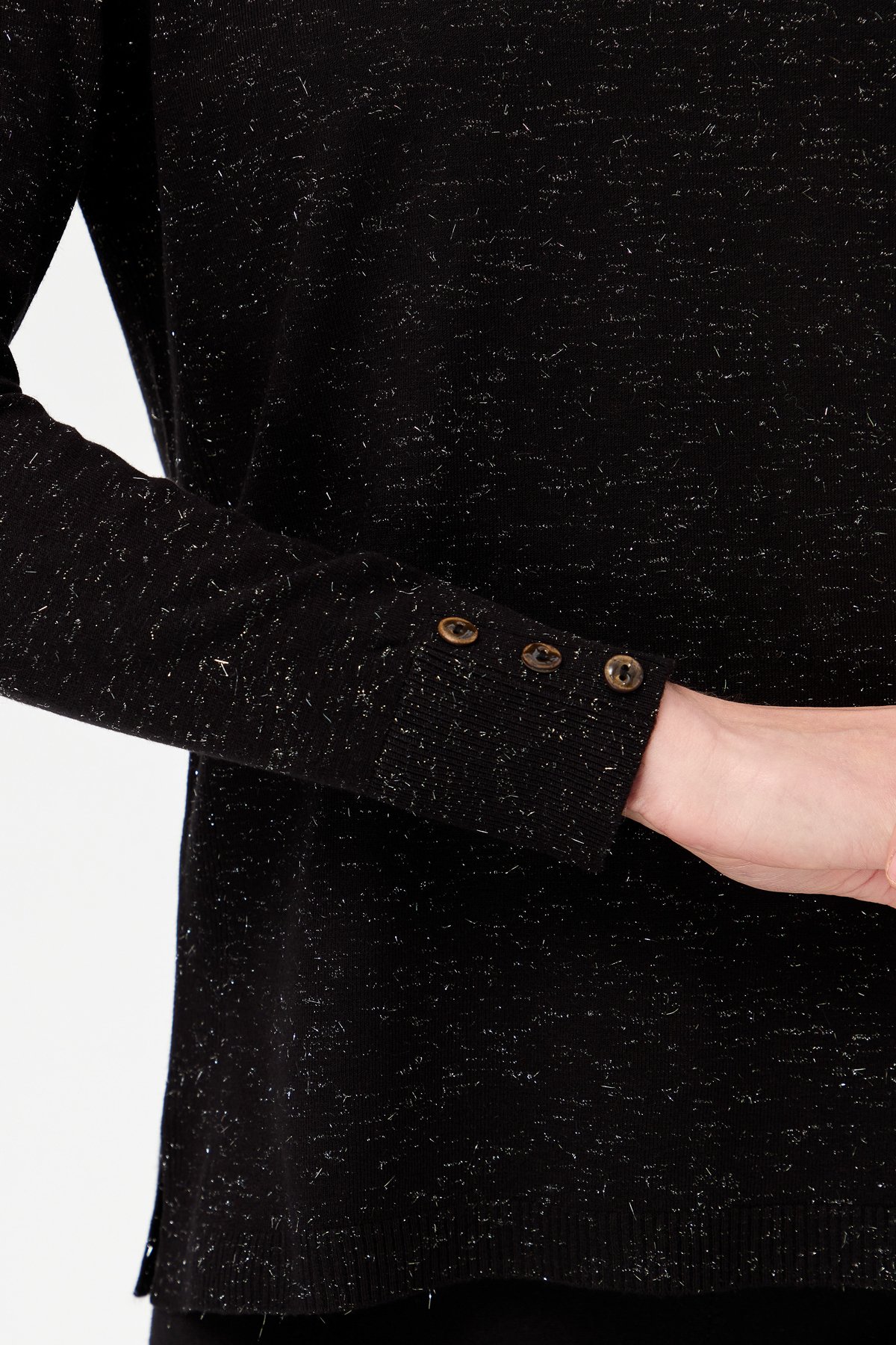 23393Kadın V Yaka Kolları Düğmeli Simli Bluz Siyah