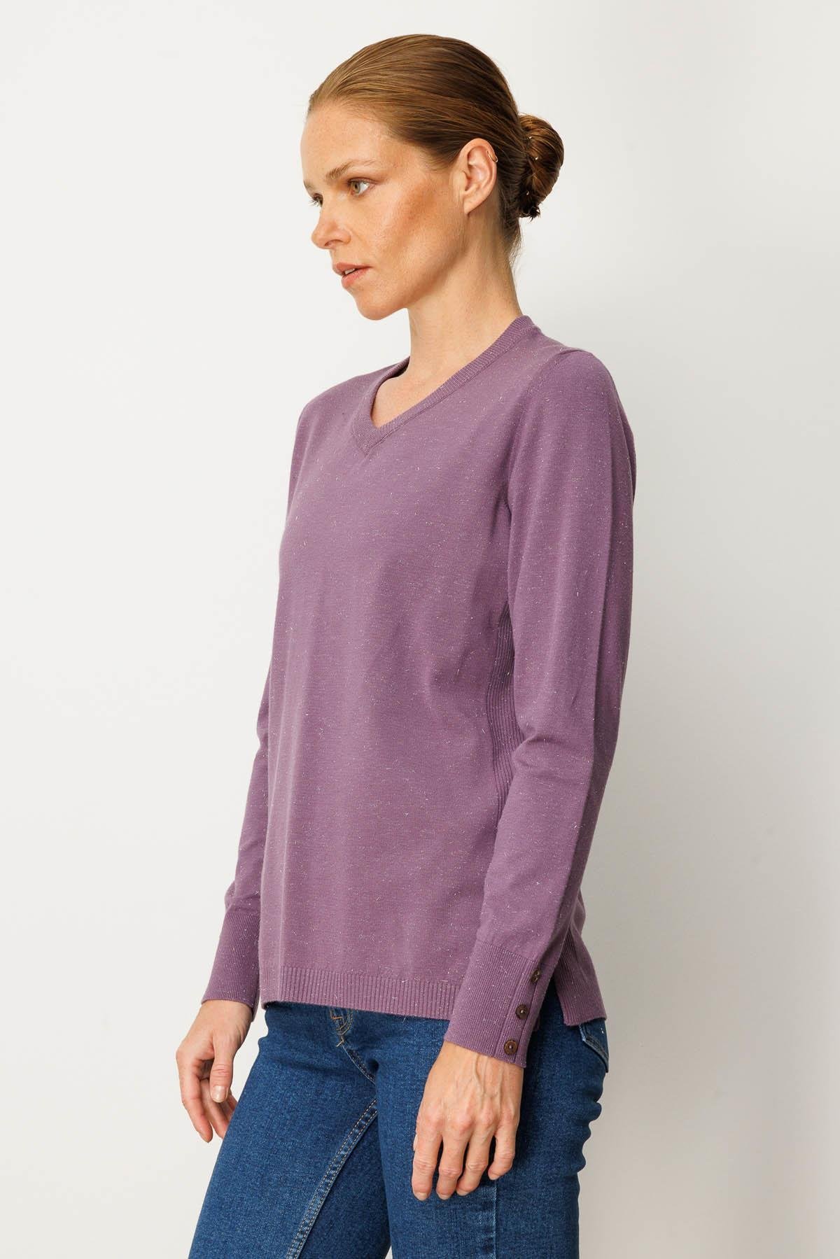 23393Kadın V Yaka Kolları Düğmeli Simli Bluz Mor