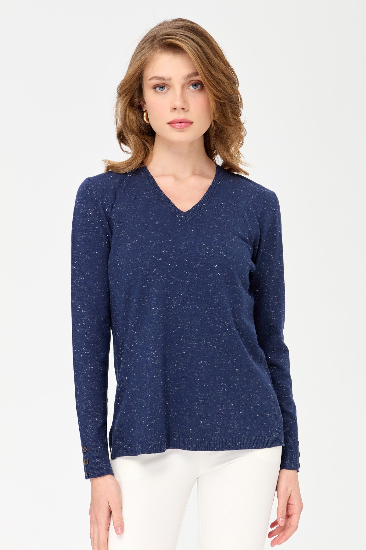 23393Kadın V Yaka Kolları Düğmeli Simli Bluz Lacivert