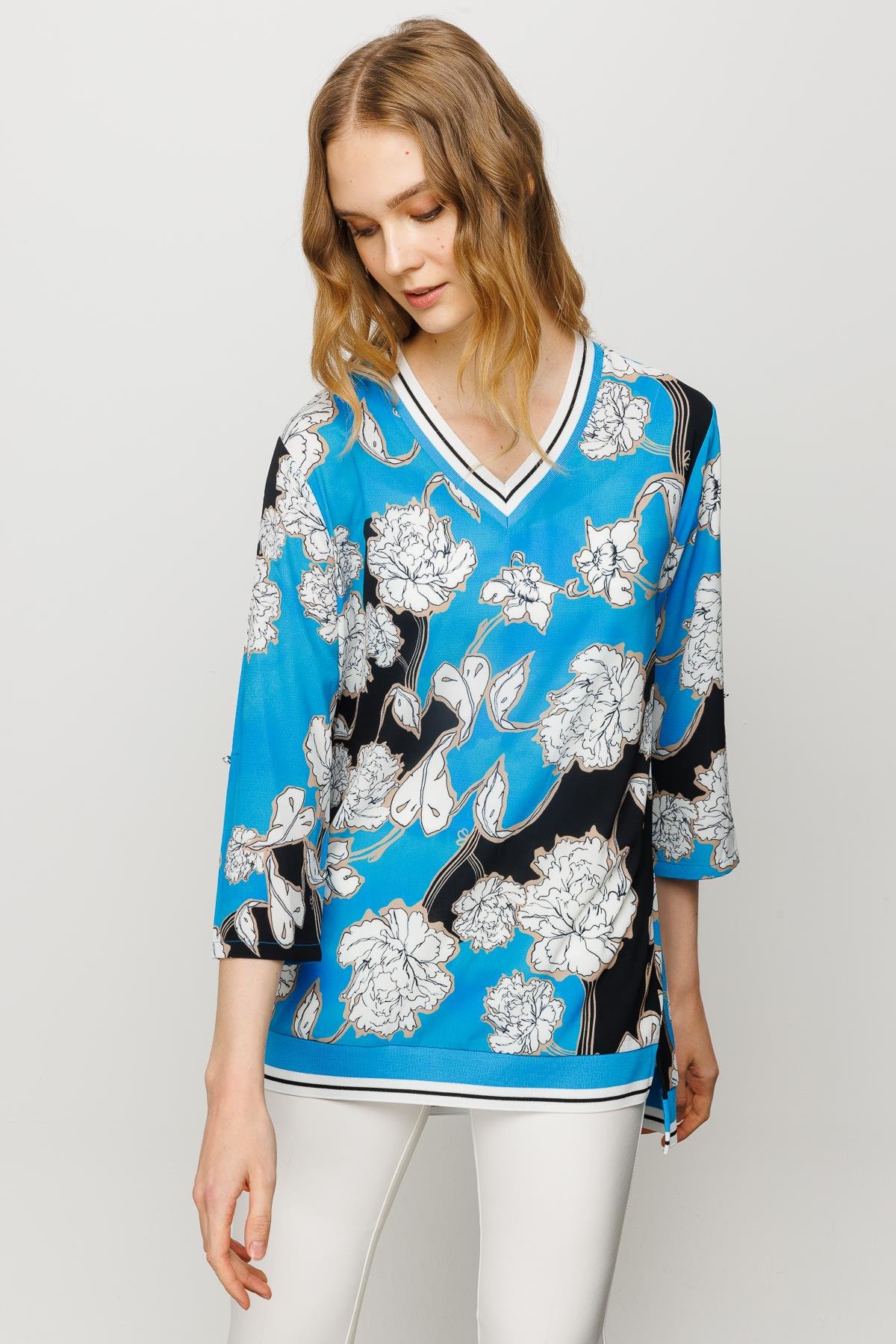 23480Kadın V Yaka Kolu ve Yakası Triko Ribanalı Bluz Saks