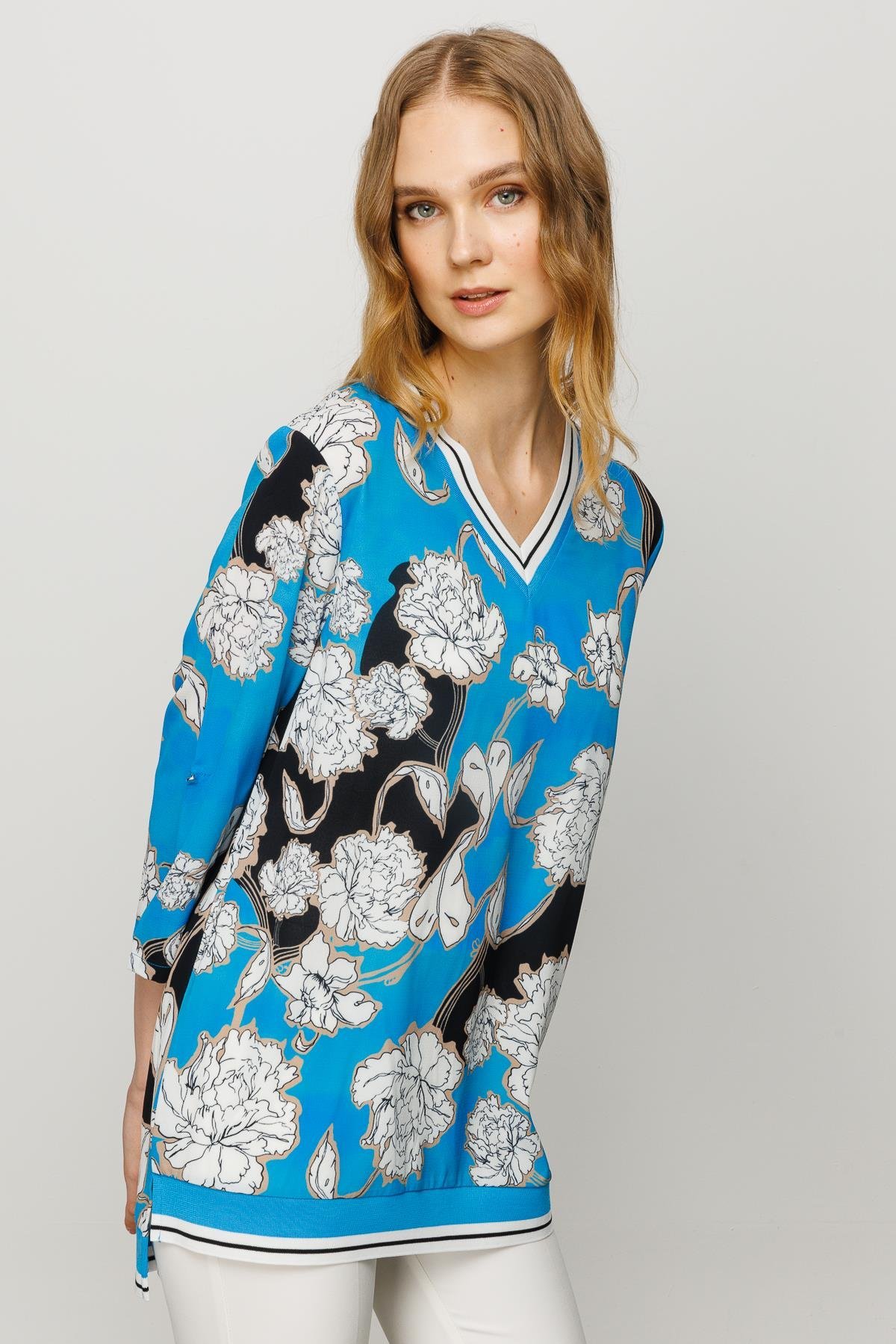 23480Kadın V Yaka Kolu ve Yakası Triko Ribanalı Bluz Saks