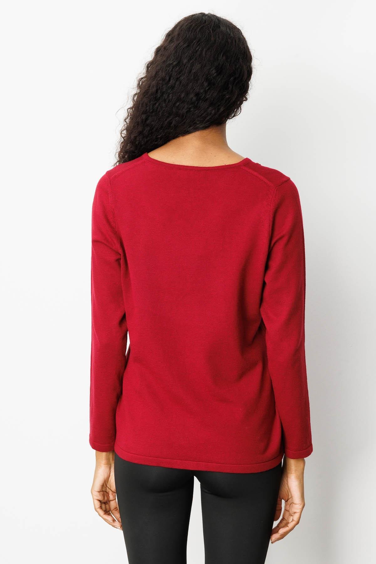 25090Kadın V Yaka Omuzları Boncuk İşlemeli Bluz Vişne