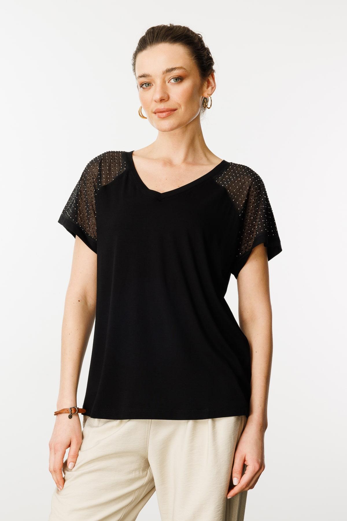 25836Kadın V Yaka Omuzları Taş Baskılı Penye T-shirt Siyah