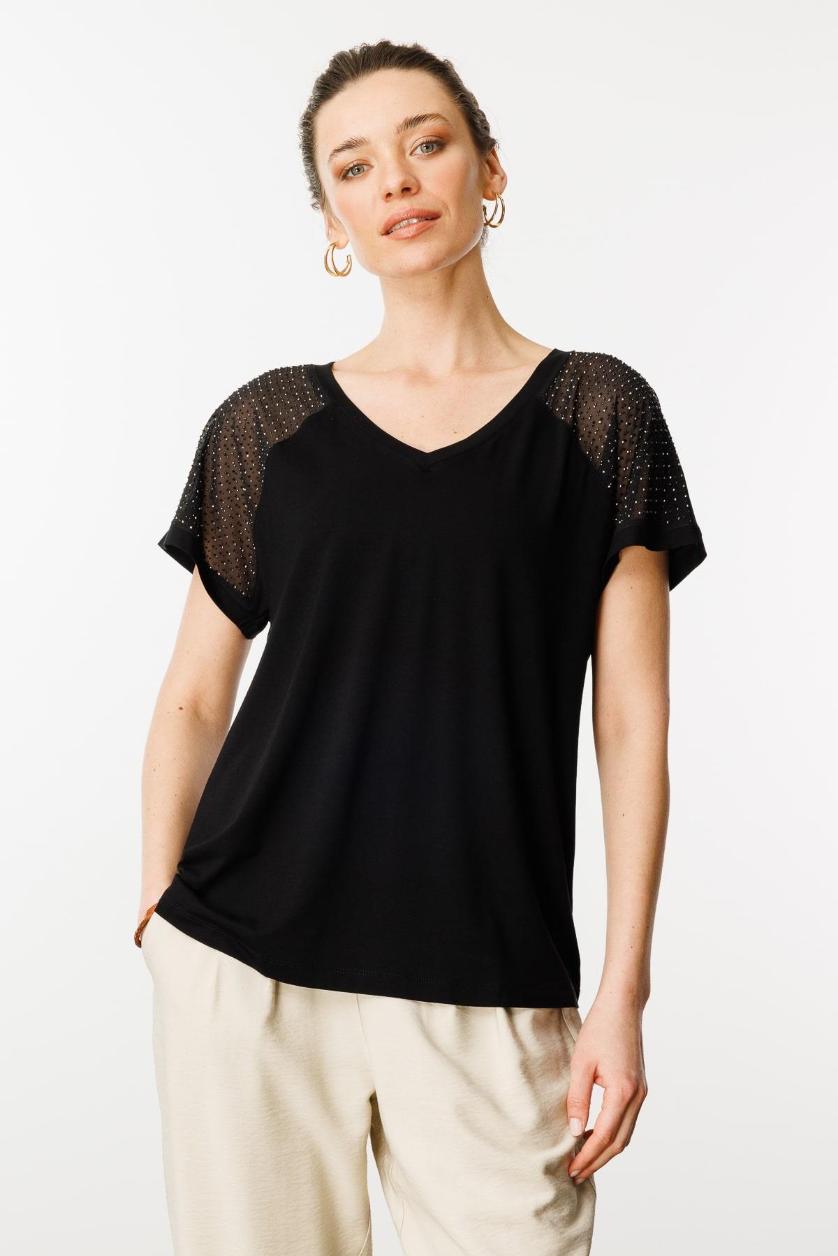 25836Kadın V Yaka Omuzları Taş Baskılı Penye T-shirt Siyah