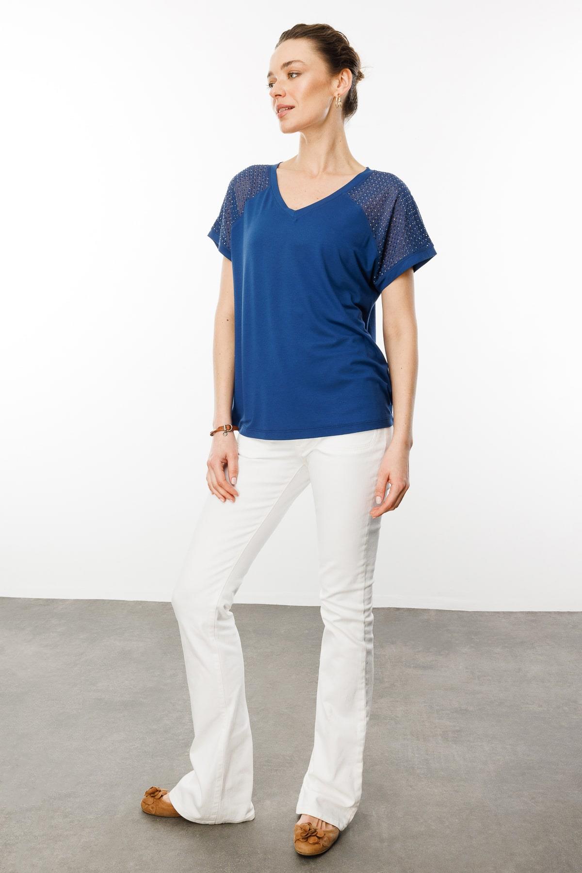 25836Kadın V Yaka Omuzları Taş Baskılı Penye T-shirt Lacivert