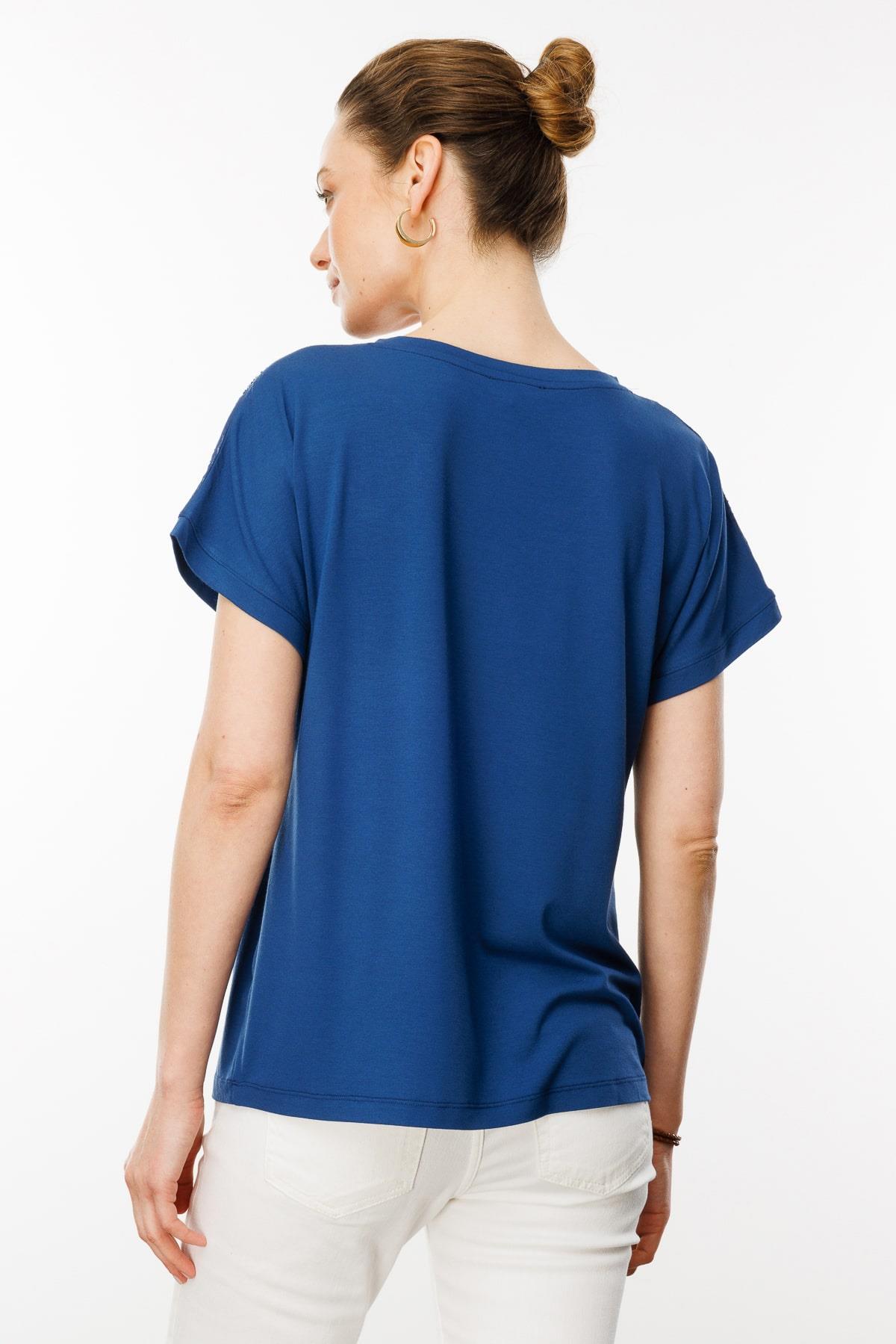 25836Kadın V Yaka Omuzları Taş Baskılı Penye T-shirt Lacivert