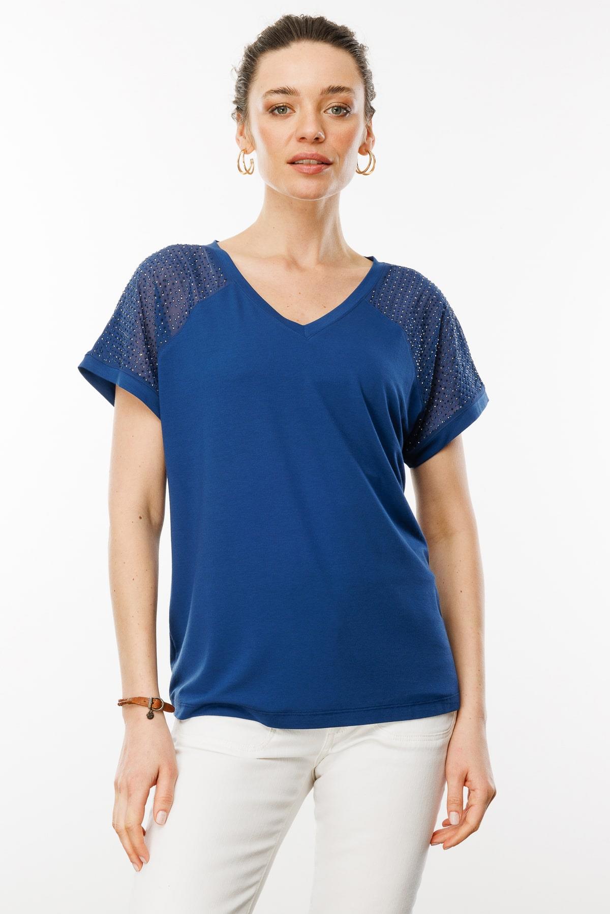 25836Kadın V Yaka Omuzları Taş Baskılı Penye T-shirt Lacivert