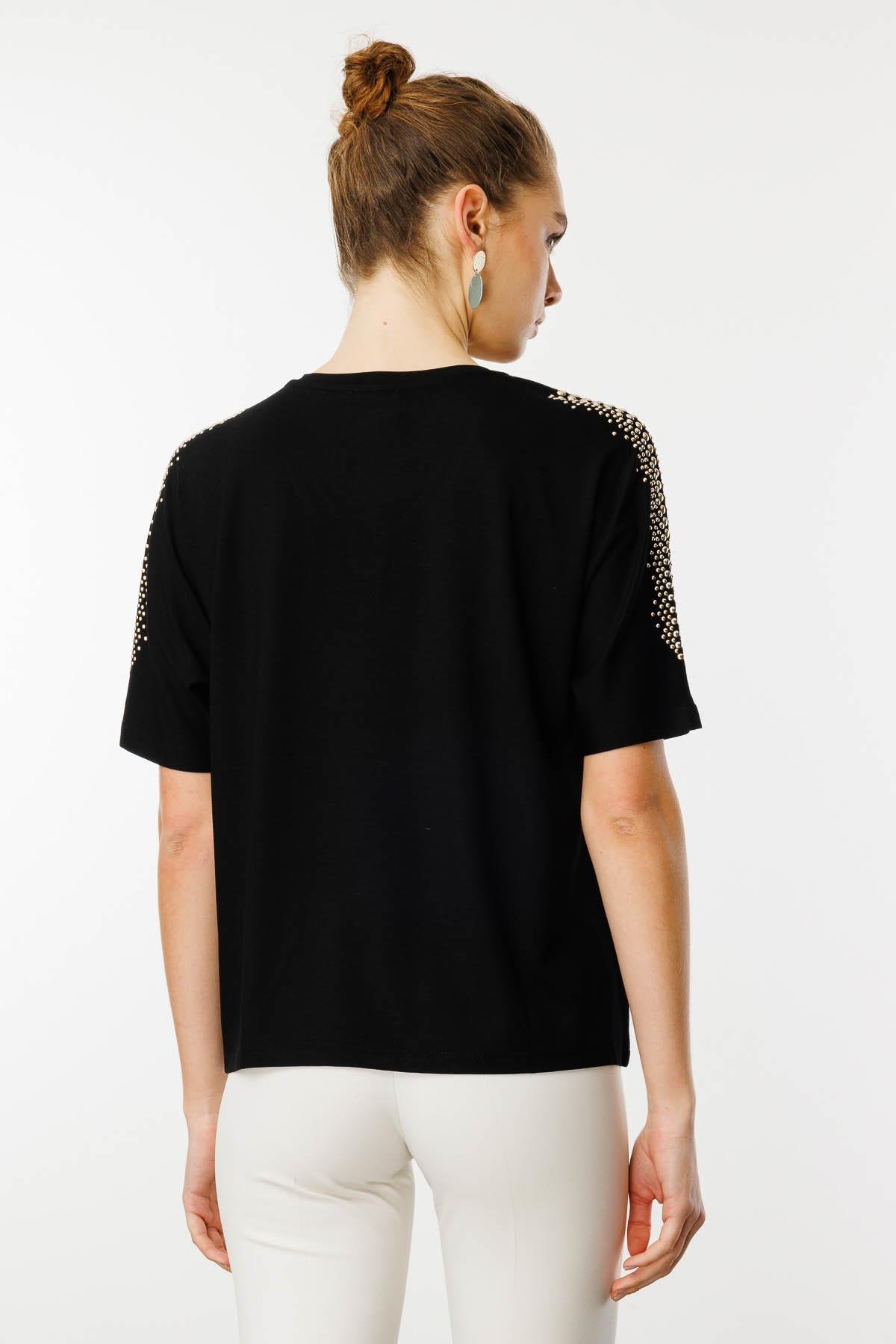 25754Kadın V Yaka Omuzları Taşlı Penye T-shirt Siyah