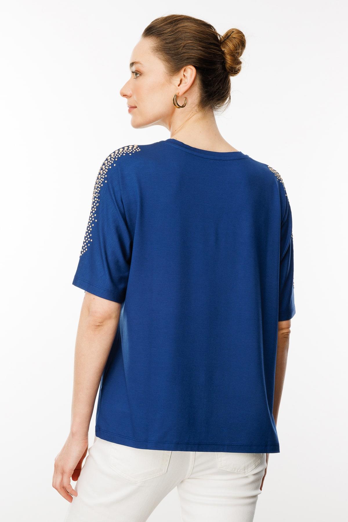 25754Kadın V Yaka Omuzları Taşlı Penye T-shirt İndigo