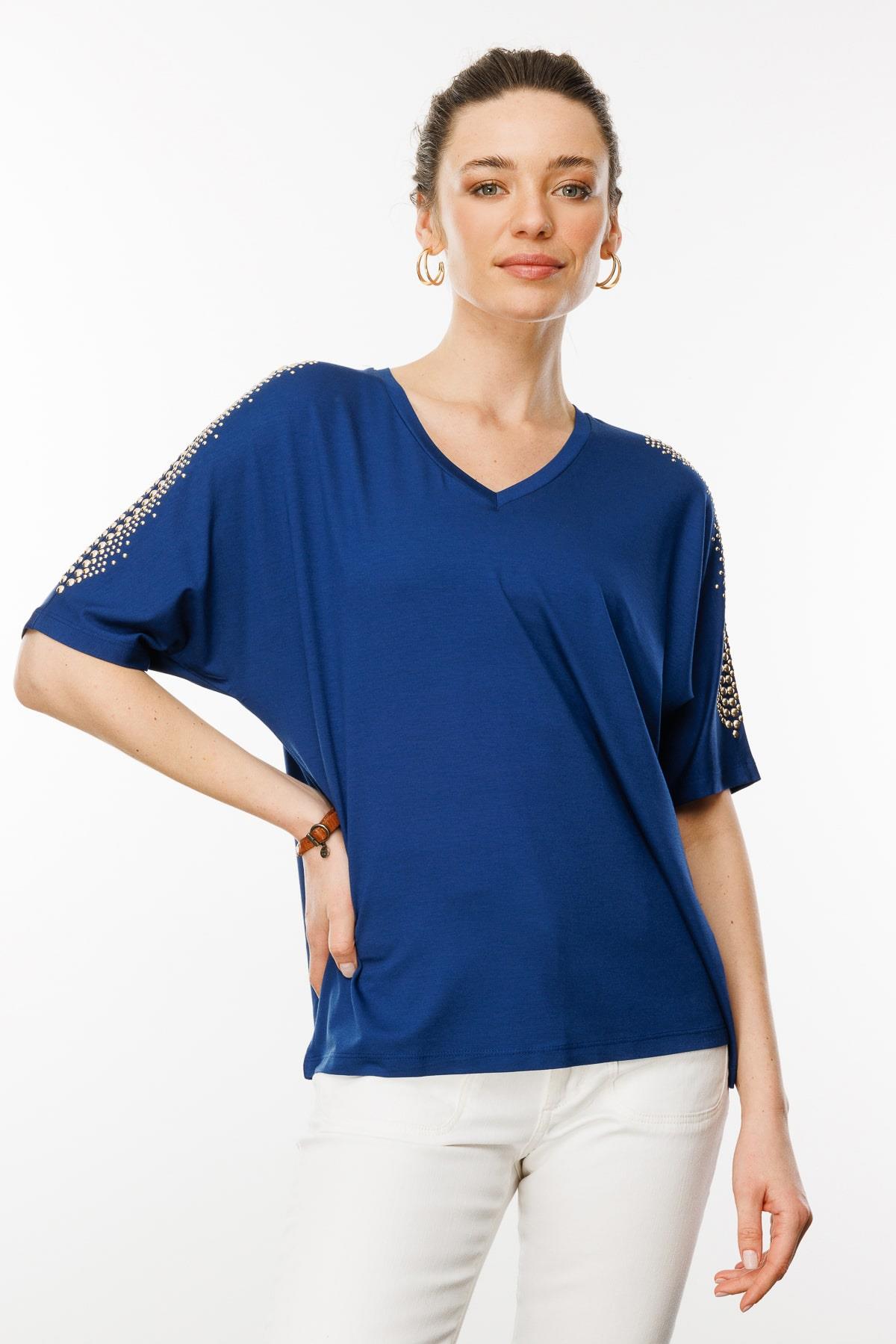 25754Kadın V Yaka Omuzları Taşlı Penye T-shirt İndigo