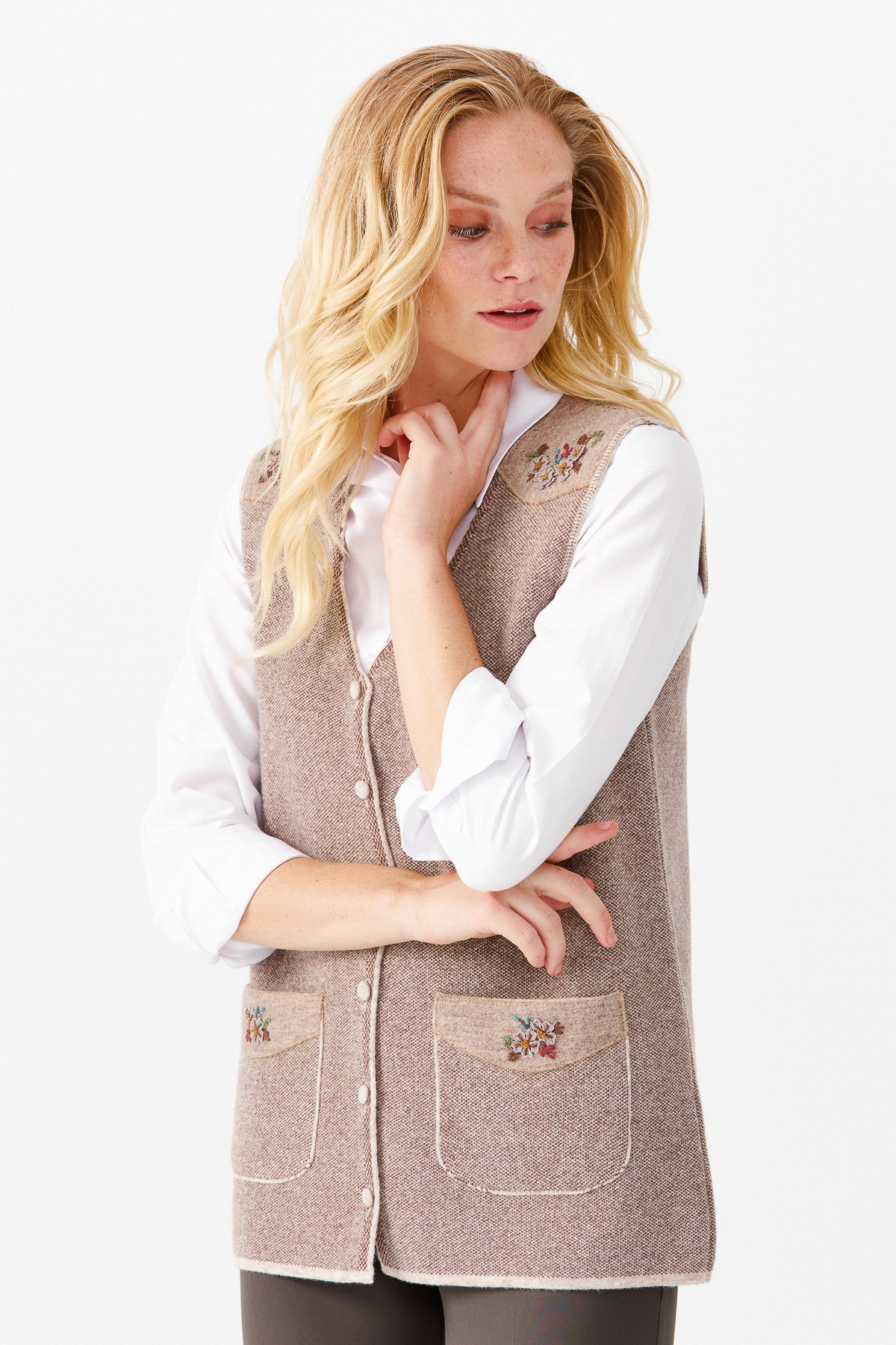 22114Женский жилет на пуговицах с v-образным вырезом и карманом на плече с отделкой , бежевый