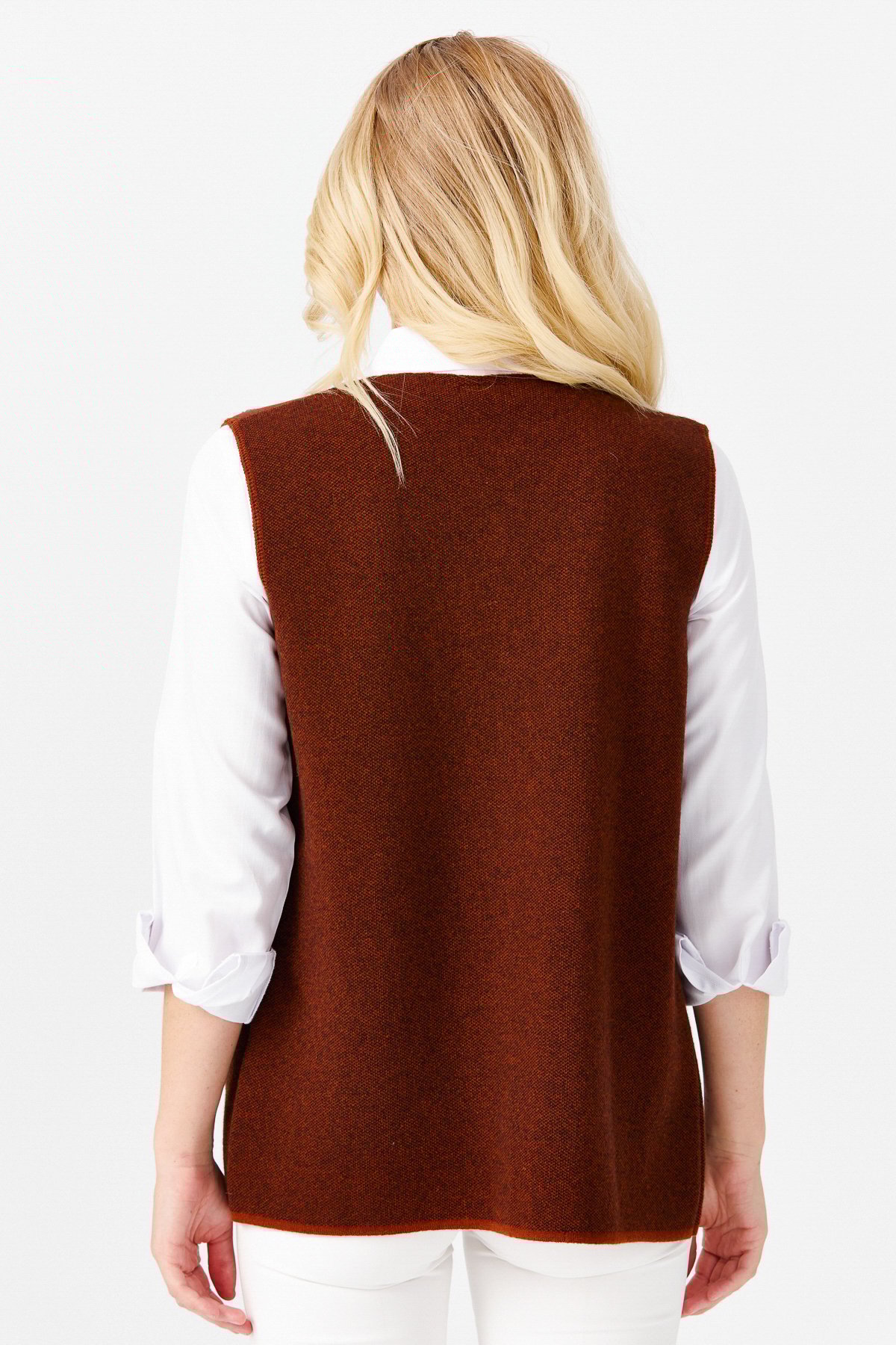 22114Женский жилет на пуговицах с v-образным вырезом и карманом на плече с отделкой , коричневый 