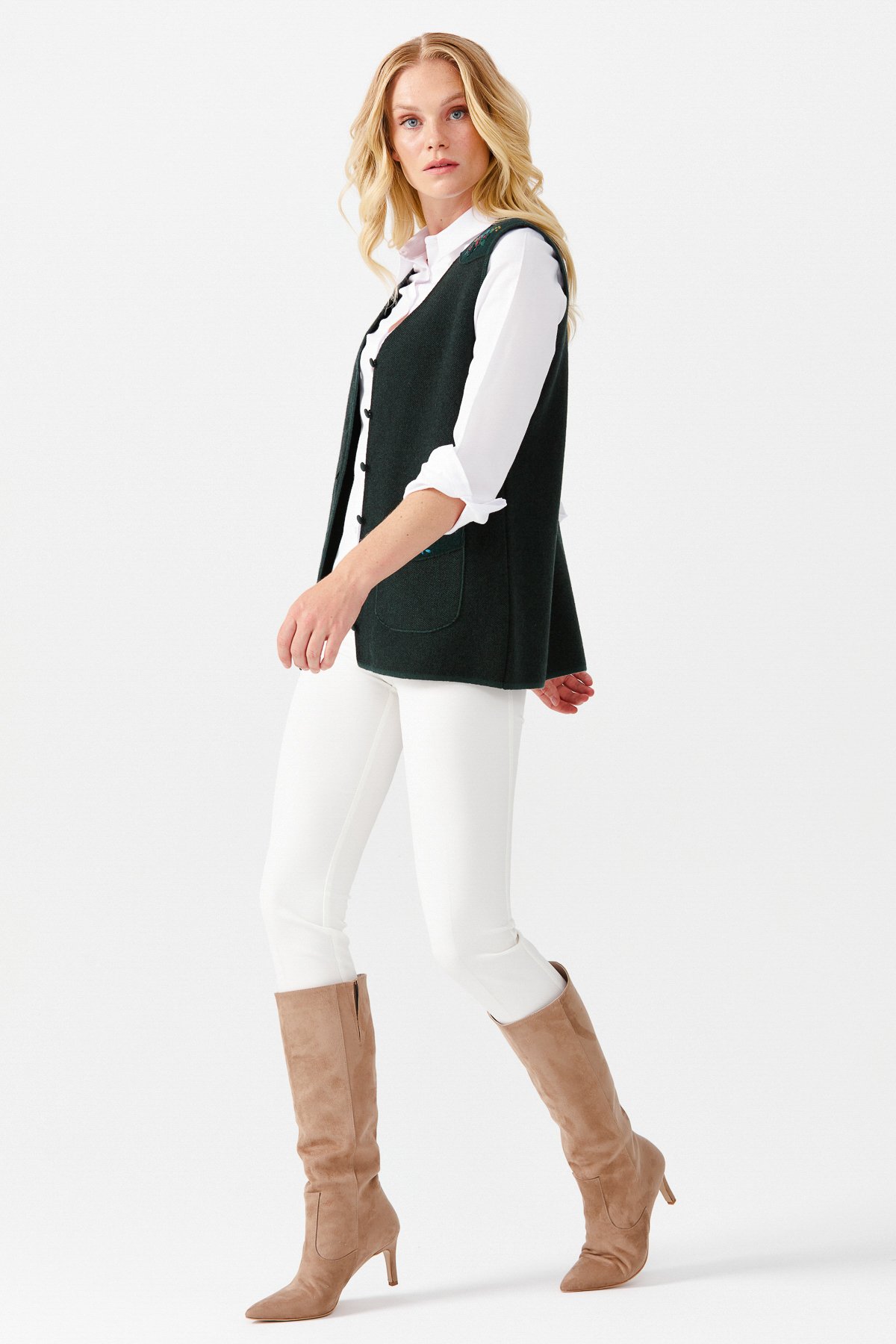 22114Женский жилет на пуговицах с v-образным вырезом и карманом на плече с отделкой , зеленый 