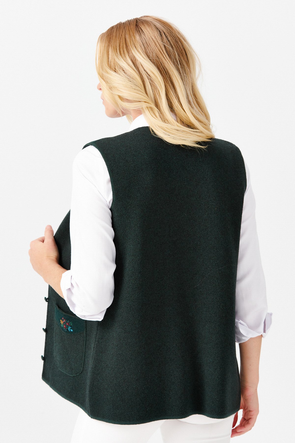 22114Женский жилет на пуговицах с v-образным вырезом и карманом на плече с отделкой , зеленый 