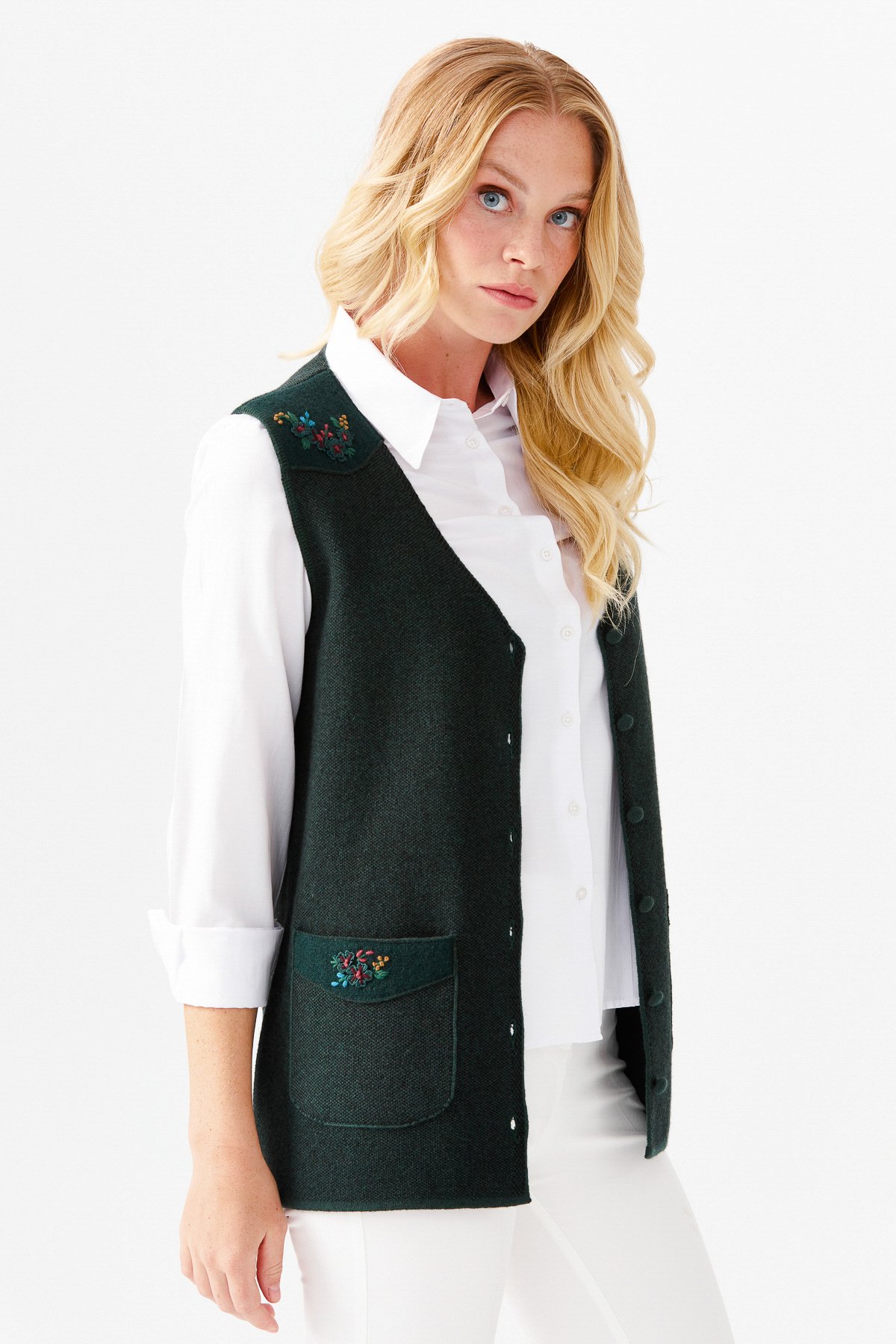 22114Женский жилет на пуговицах с v-образным вырезом и карманом на плече с отделкой , зеленый 