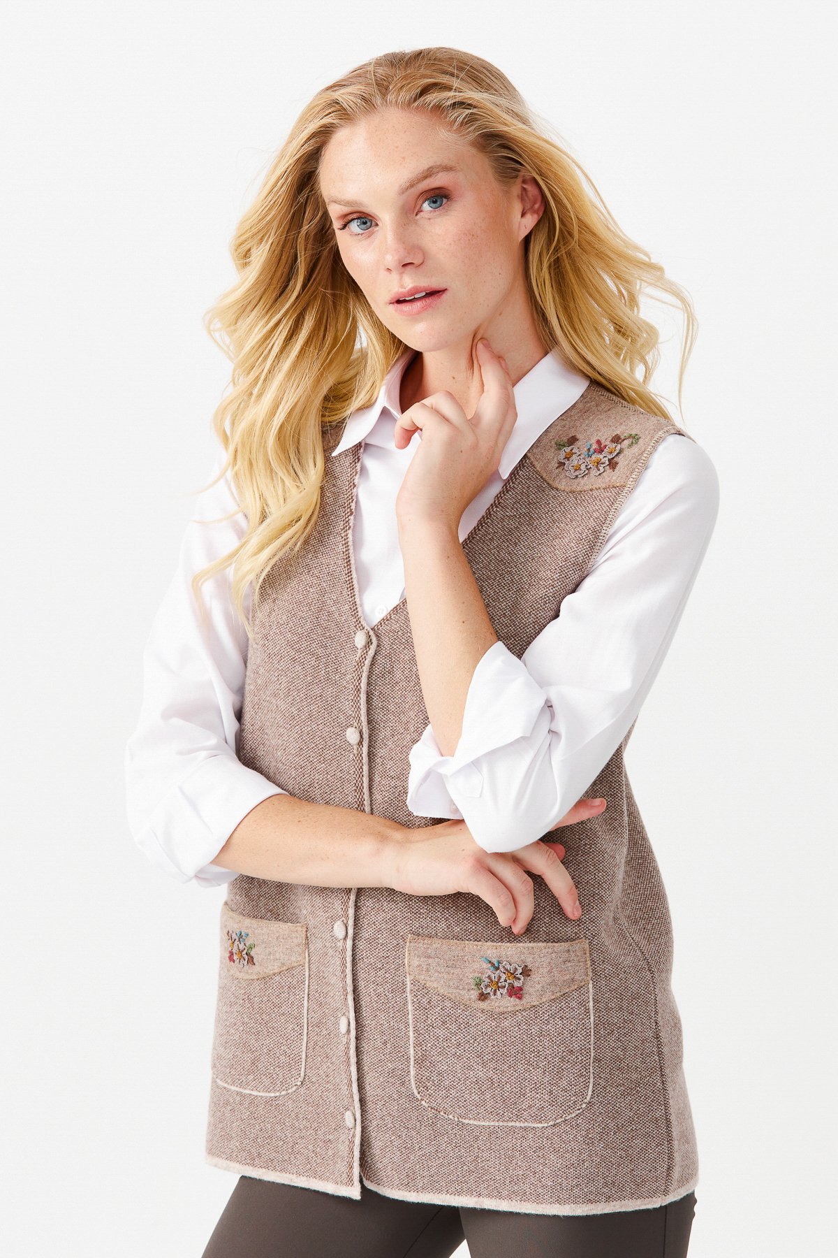 22114Женский жилет на пуговицах с v-образным вырезом и карманом на плече с отделкой , бежевый