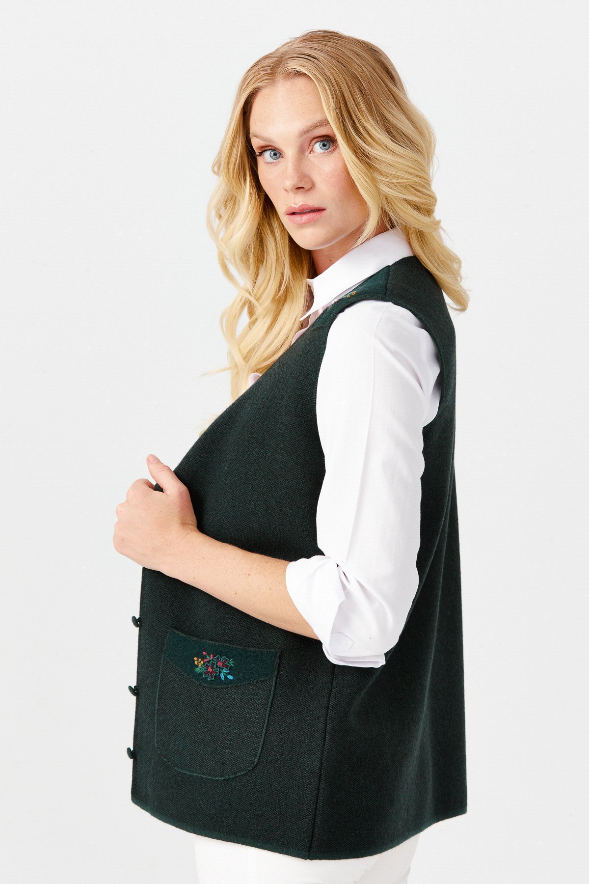 22114Женский жилет на пуговицах с v-образным вырезом и карманом на плече с отделкой , зеленый 