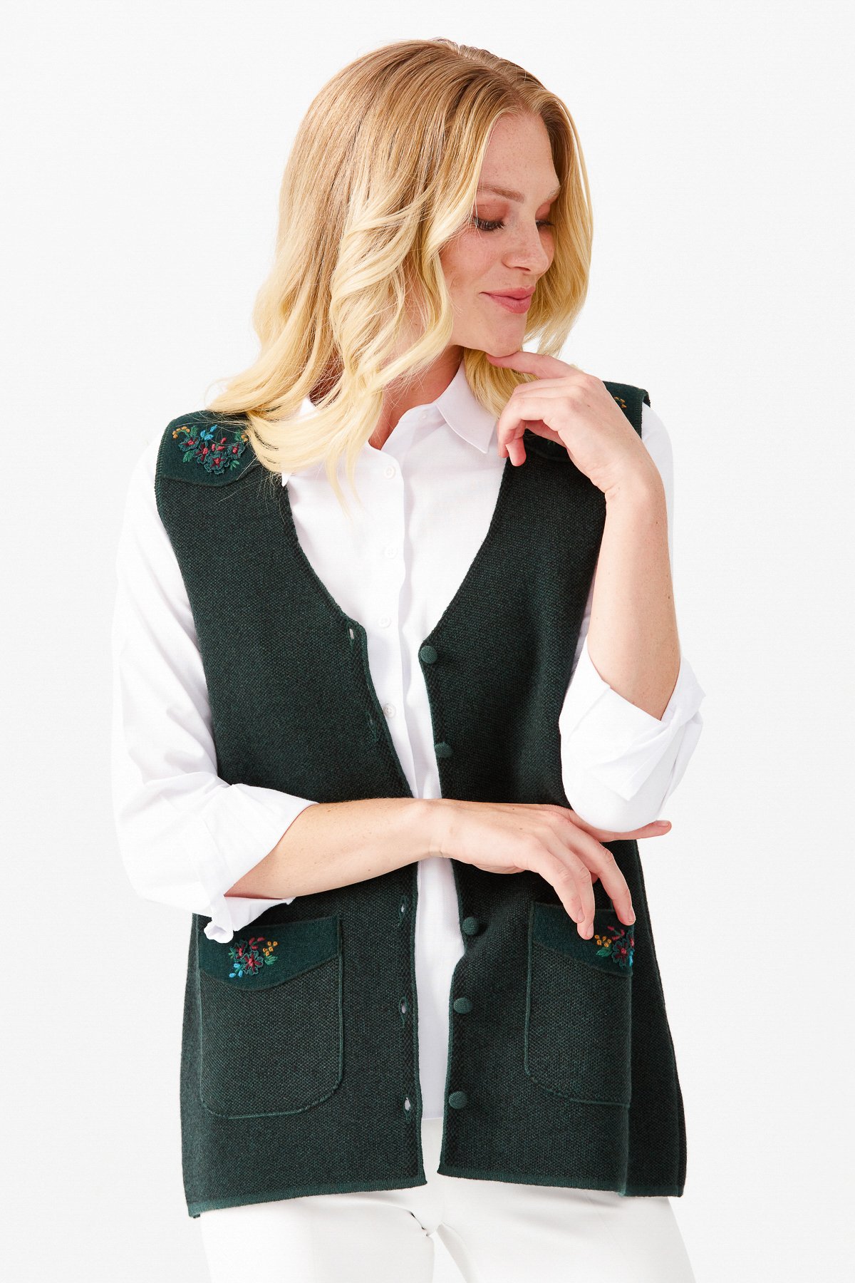 22114Женский жилет на пуговицах с v-образным вырезом и карманом на плече с отделкой , зеленый 