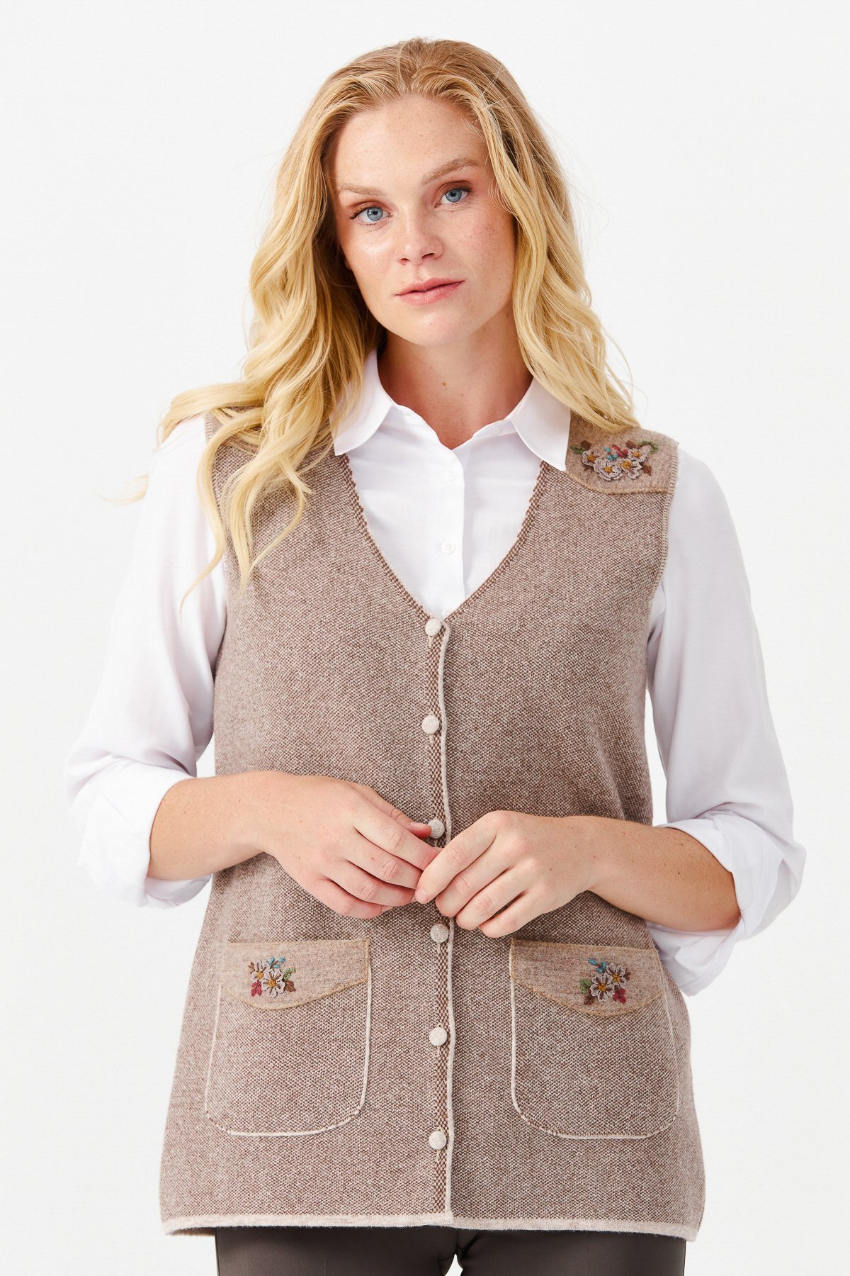 22114Женский жилет на пуговицах с v-образным вырезом и карманом на плече с отделкой , бежевый
