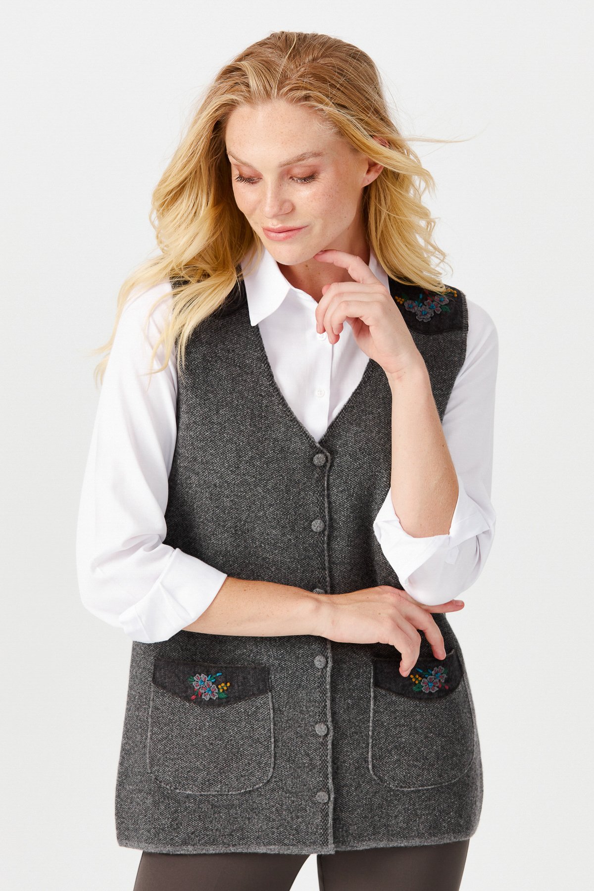 22114Женский жилет на пуговицах с v-образным вырезом и карманом на плече с отделкой , дымчатый