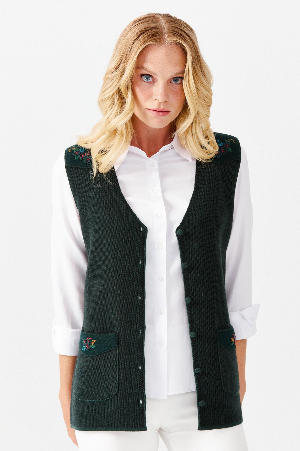 22114Женский жилет на пуговицах с v-образным вырезом и карманом на плече с отделкой , зеленый 