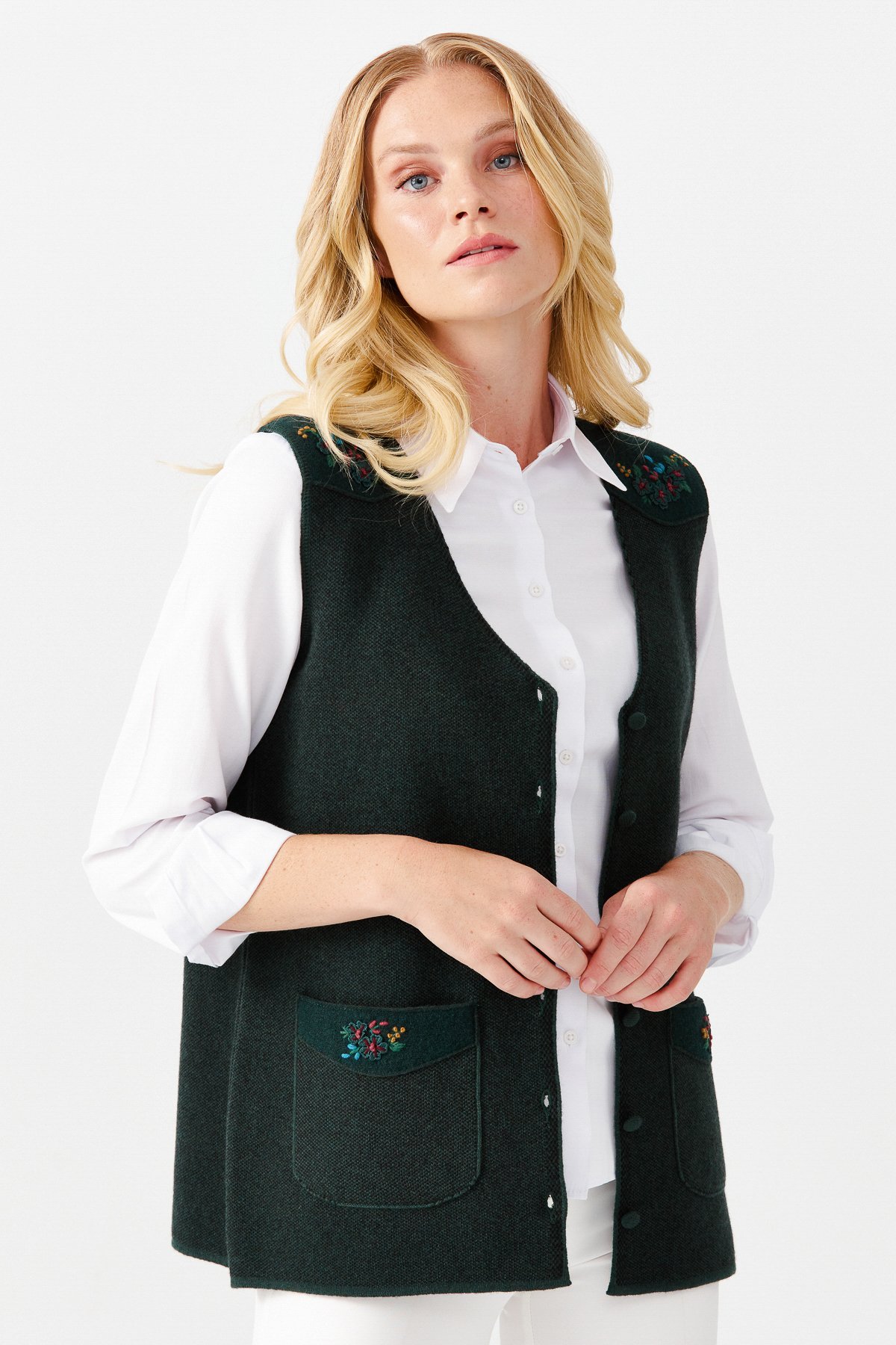 22114Женский жилет на пуговицах с v-образным вырезом и карманом на плече с отделкой , зеленый 