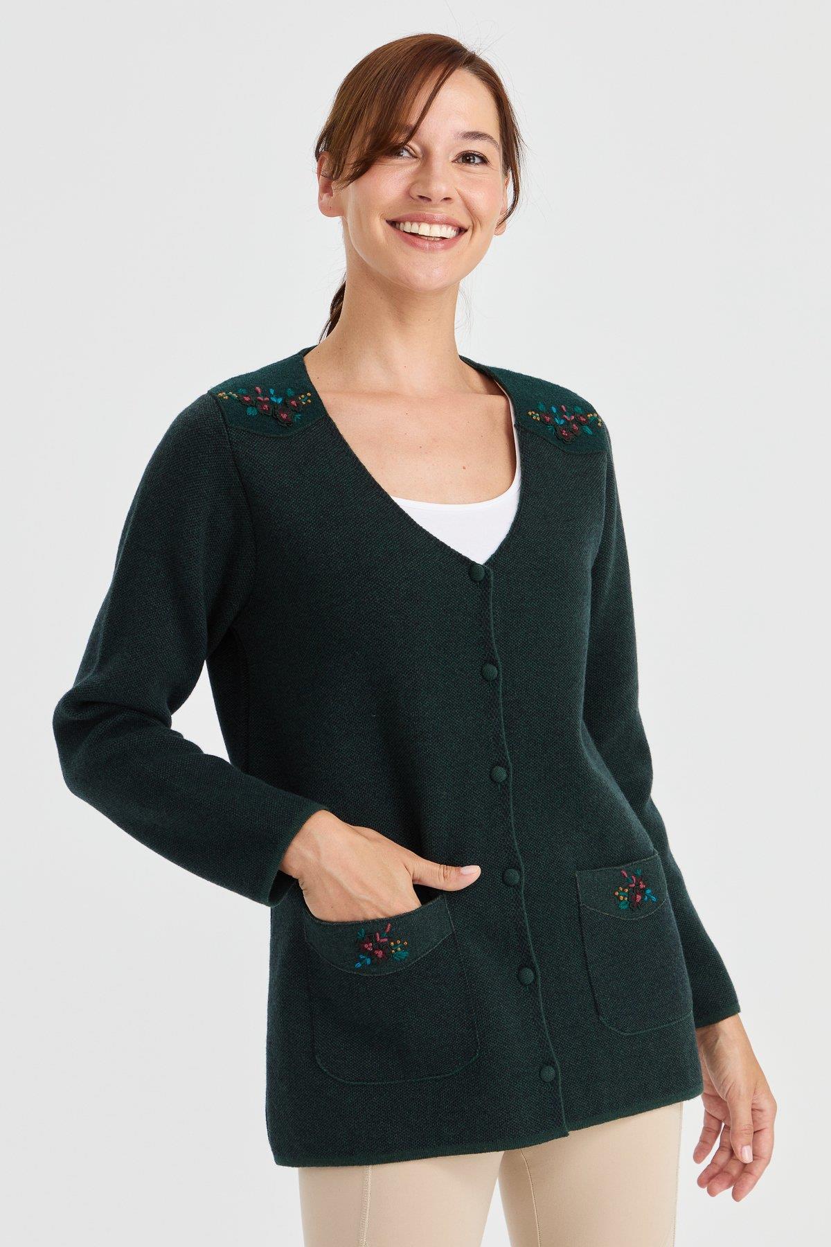 23009Женская шерстяная куртка с v-образным вырезом и карманами из фетра с вышивкой