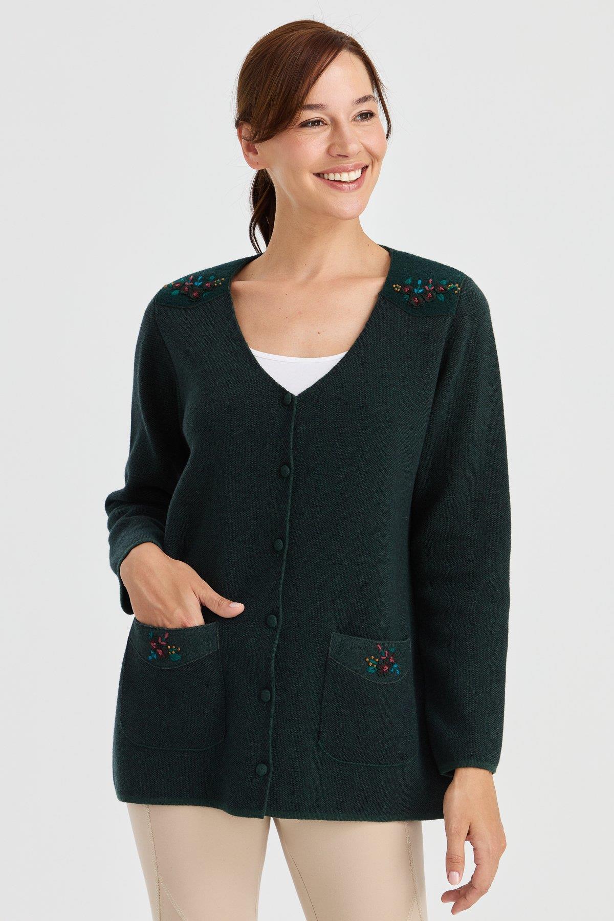 23009Женская шерстяная куртка с v-образным вырезом и карманами из фетра с вышивкой