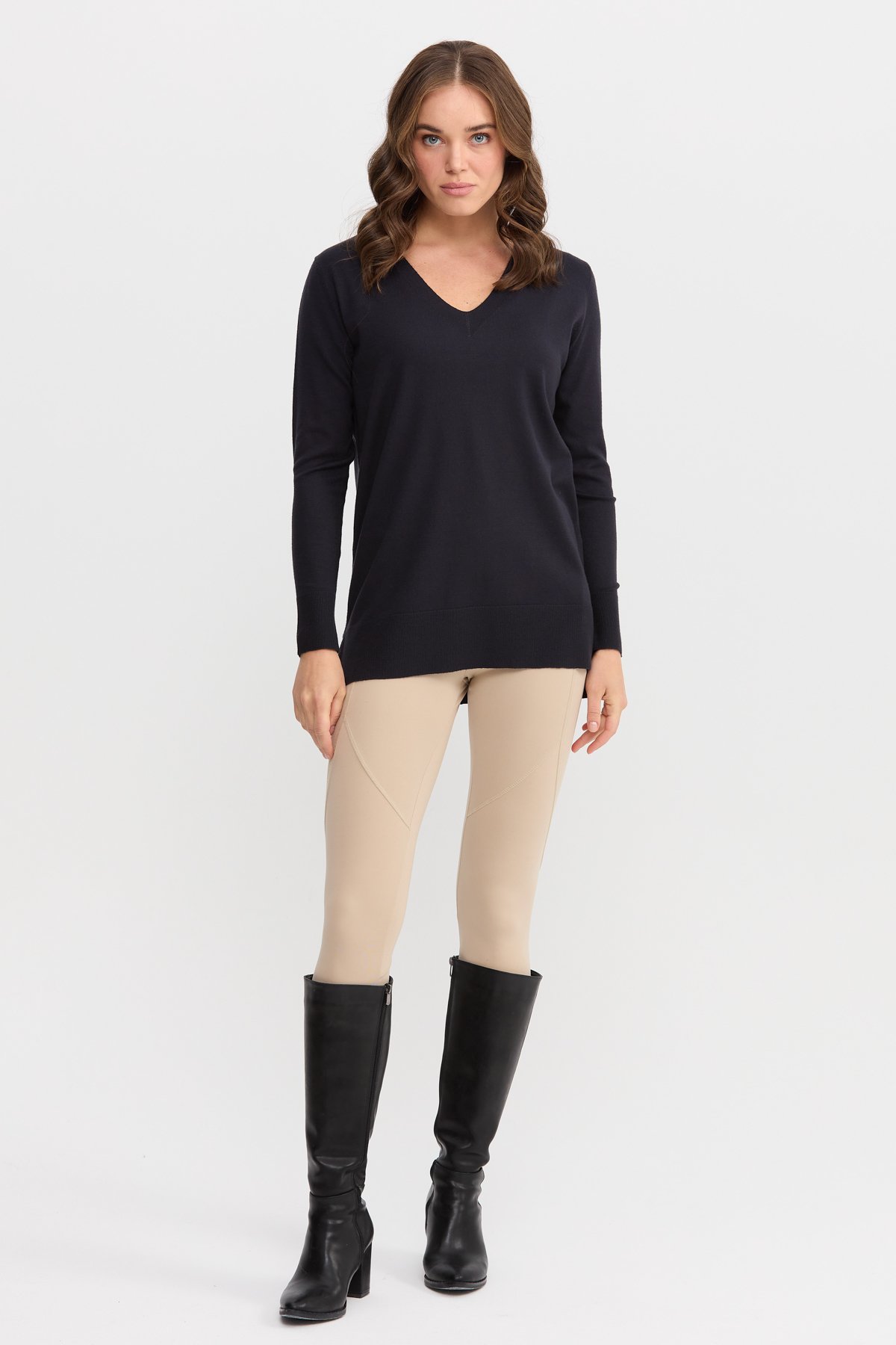 22364Kadın V Yaka Önü Arkası Yırtmaçlı Kazak Lacivert