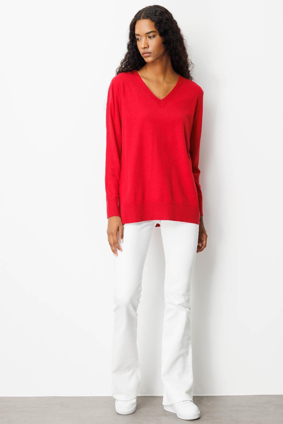 22364Kadın V Yaka Önü Arkası Yırtmaçlı Kazak K.Kırmızı