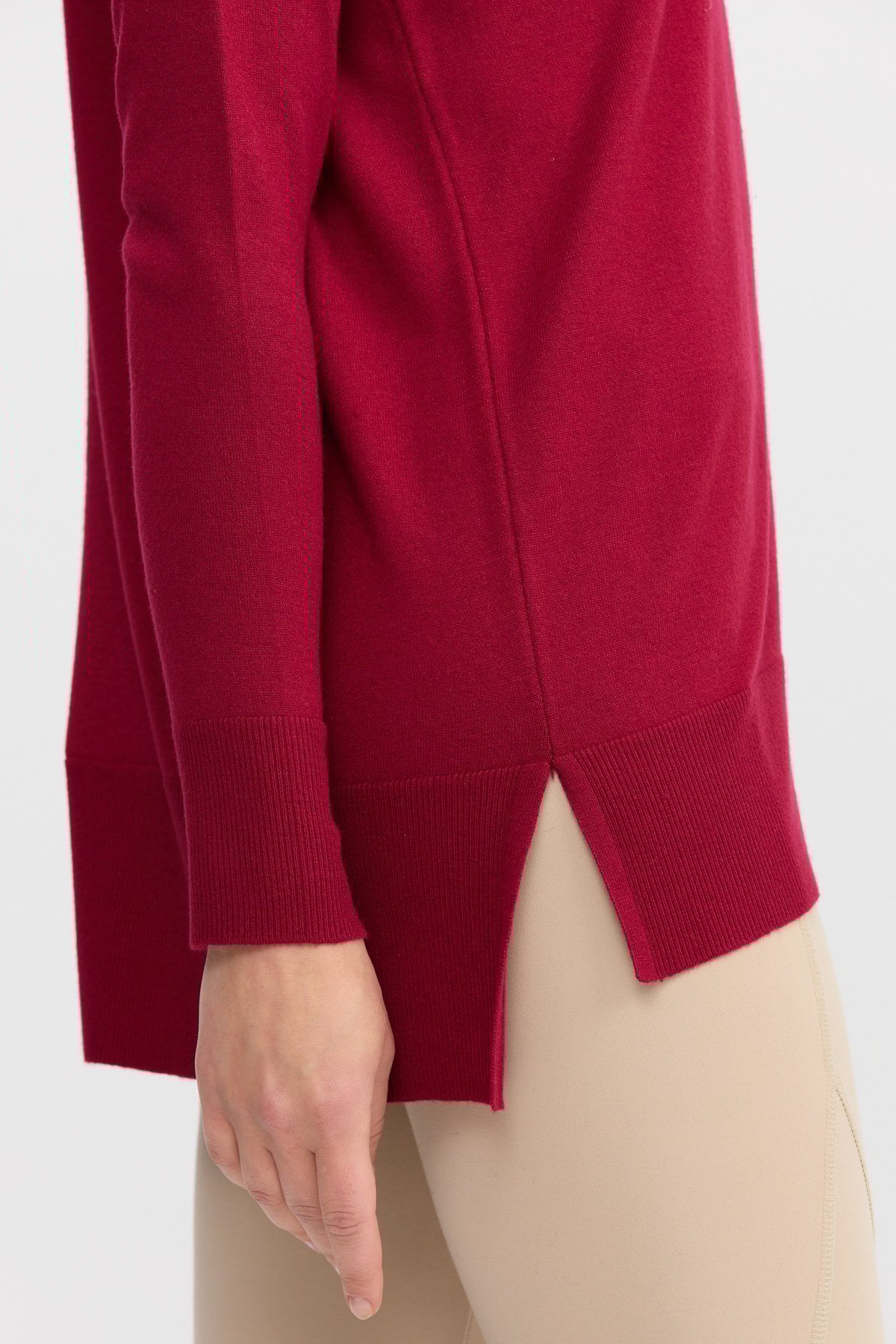 22364Kadın V Yaka Önü Arkası Yırtmaçlı Kazak Vişne