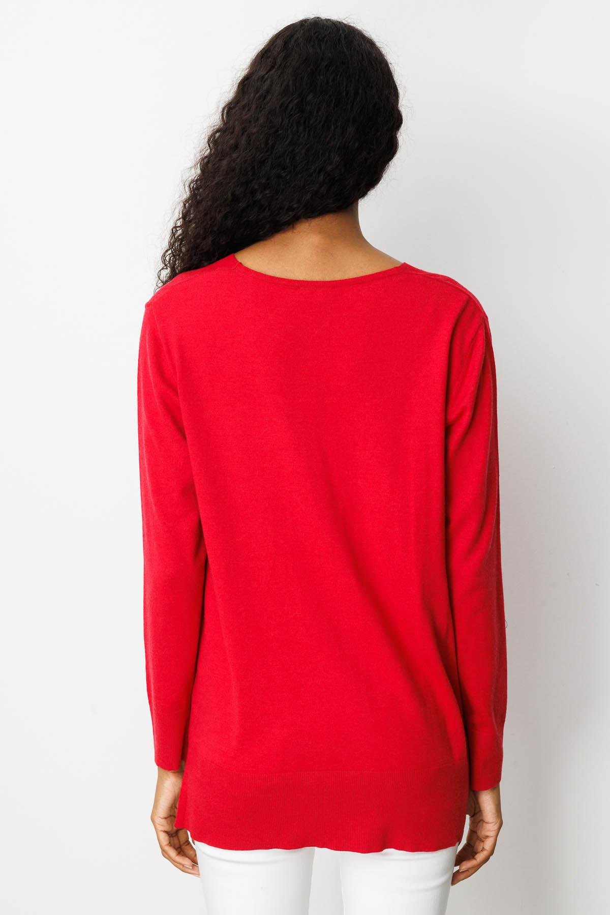 22364Kadın V Yaka Önü Arkası Yırtmaçlı Kazak K.Kırmızı