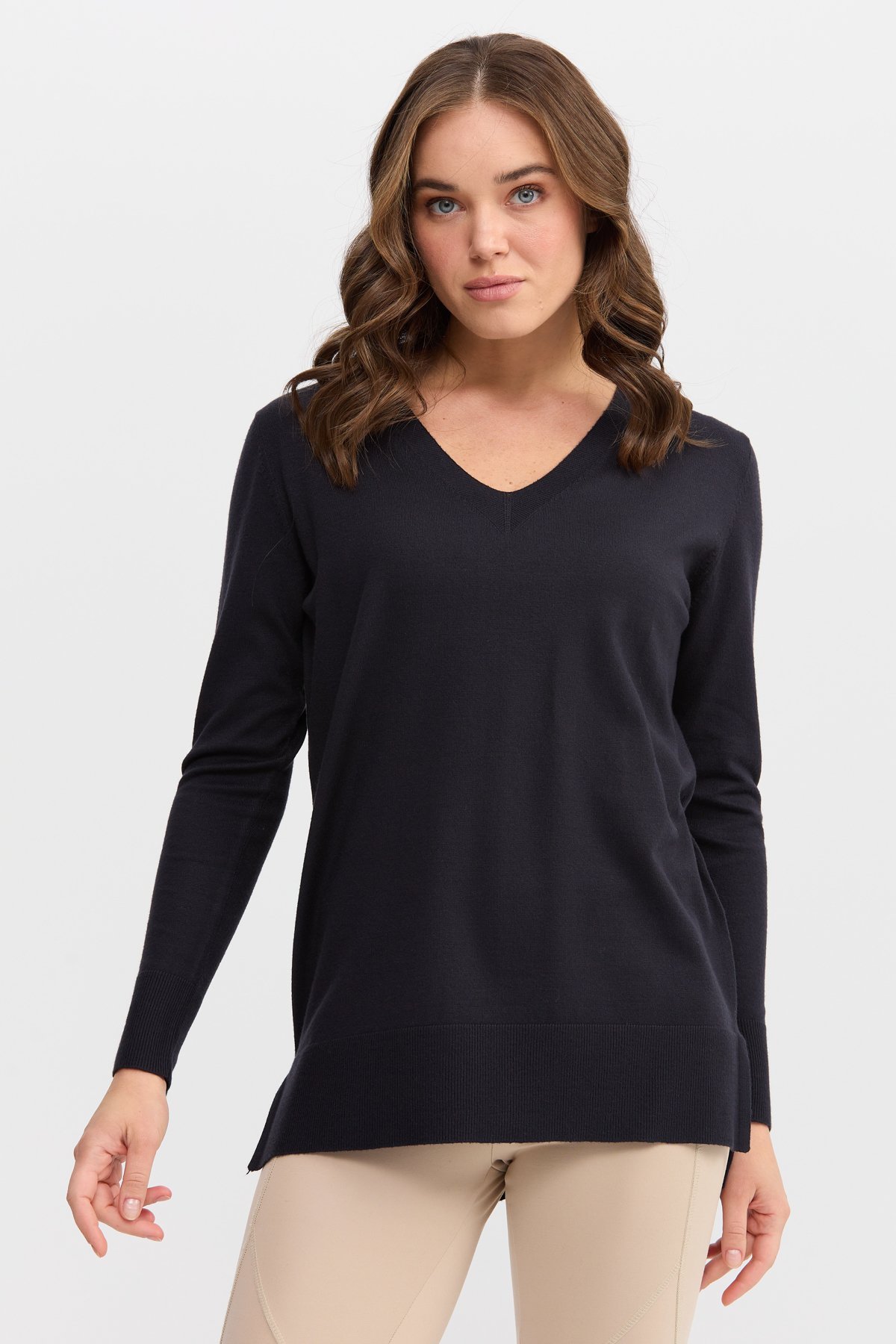 22364Kadın V Yaka Önü Arkası Yırtmaçlı Kazak Lacivert