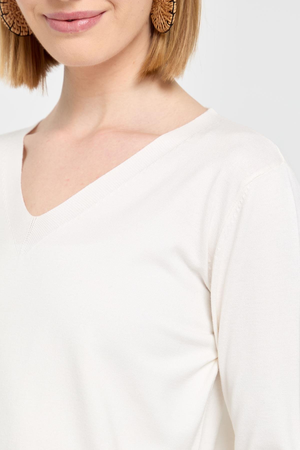 22364Kadın V Yaka Önü Arkası Yırtmaçlı Kazak Ekru