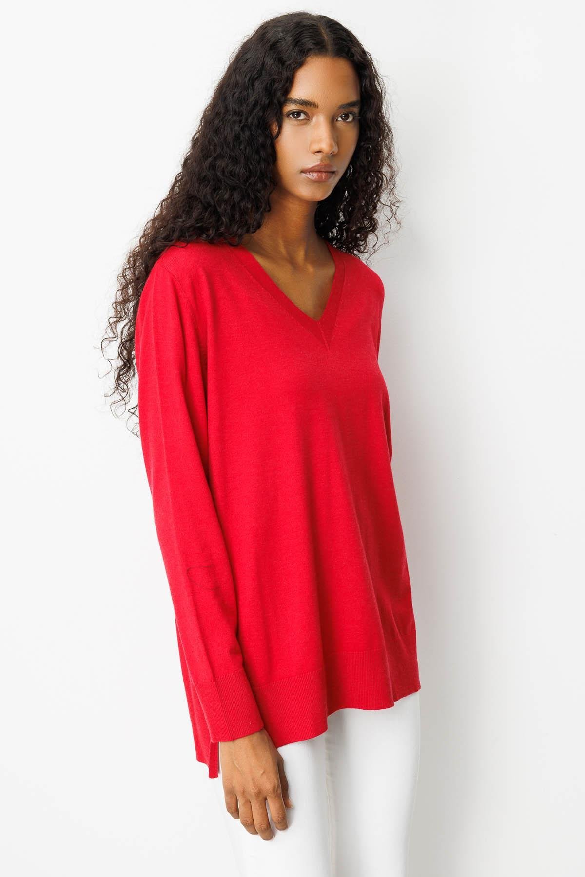 22364Kadın V Yaka Önü Arkası Yırtmaçlı Kazak K.Kırmızı