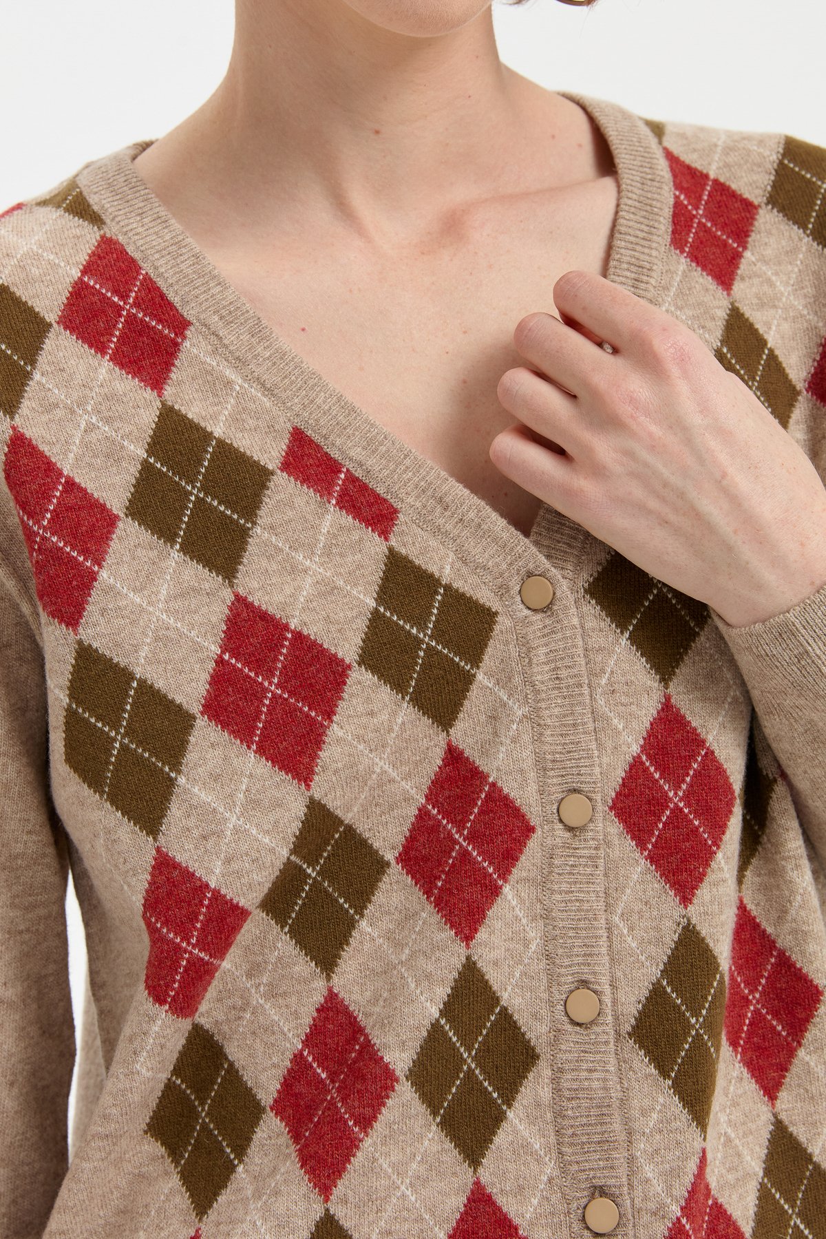 24040Kadın V Yaka Önü Baklavalı Hırka K.Bej